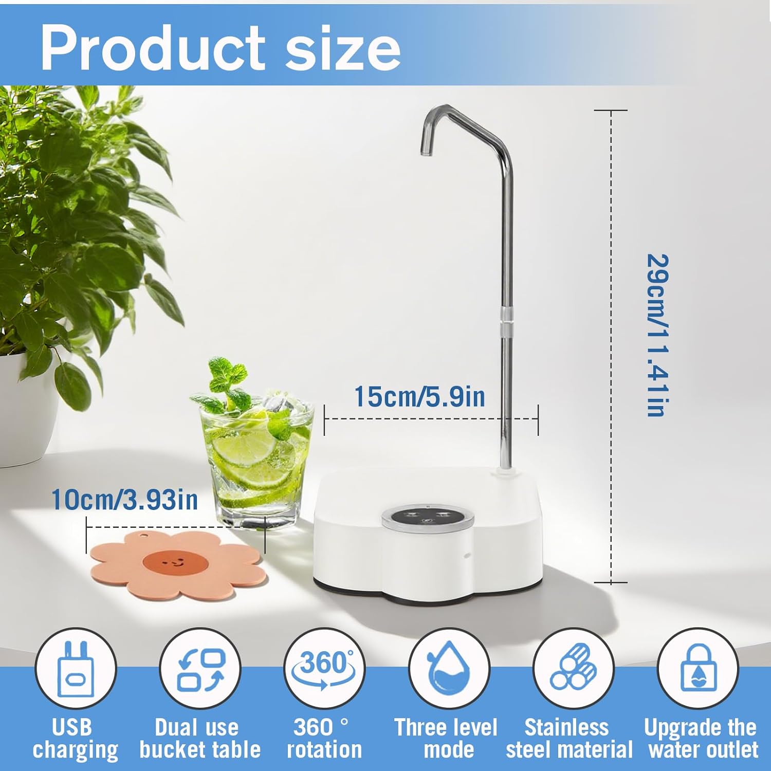 5 Gallon Drinking Water Dispenser Pump, Automatic Electric Drinking Water Bottle Pump with Coaster for 1-5 Gallon Water Jugs, White