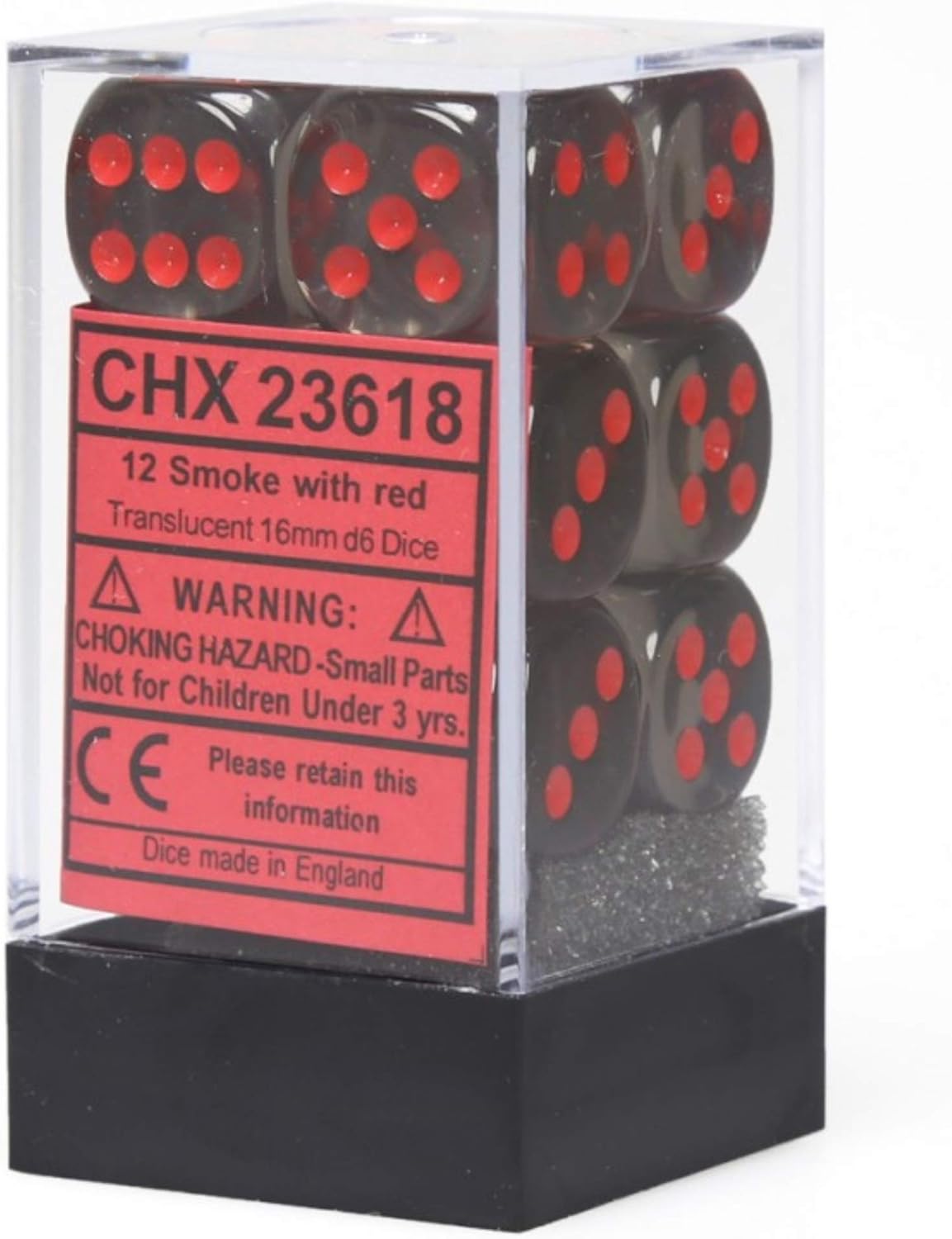 DND Dice Set-Chessex D&D Dice-16mm Translucent Smoke and Red Plastic Polyhedral Dice Set-Dungeons and Dragons Dice Includes 12 Dice – D6 (CHX23618)
