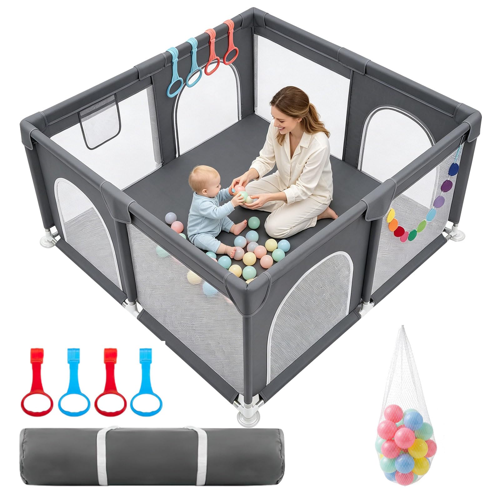 Baby Playpen for Baby and Toddlers - Durable Large Baby Play Pen with Anti-Slip Sucker, Zipper, Balls | Safety Baby Fence with Visible Breathable Mesh | Foam Protection | Easy of Assembly (125*125cm)