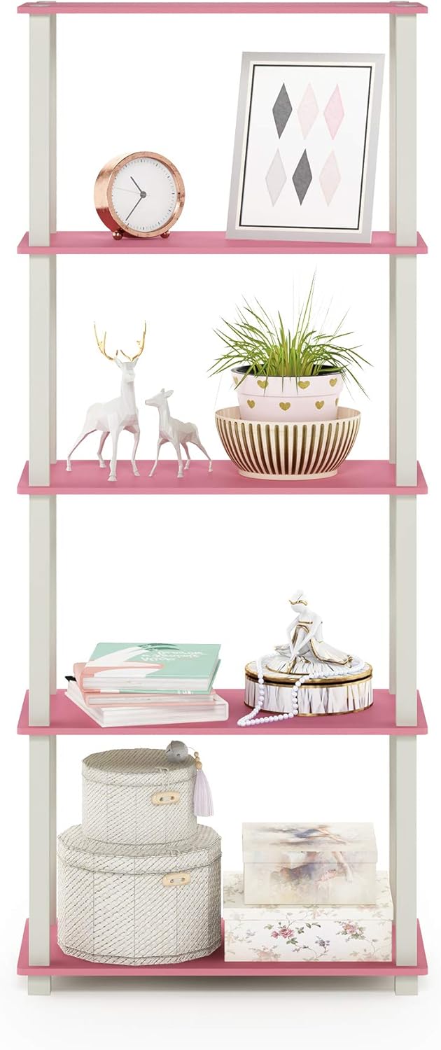 Furinno Turn-N-Tube 5-Tier Multipurpose Shelf / Display Rack / Storage Shelf / Bookshelf, Square Tubes, Pink/White