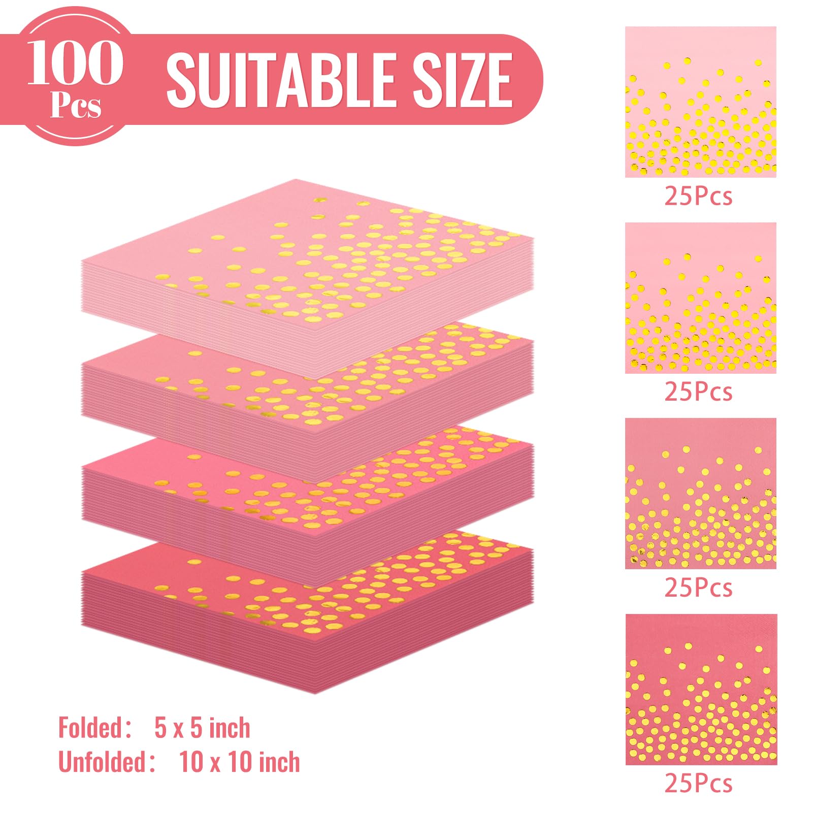 100 Pink Cocktail Napkins with Gold Foil Dots, 5 x 5 inch Bar Beverage Napkins Disposable Paper for Wedding, Baby Shower, Dinner, Event, Birthday Party Decorative Supplies (4 Assorted Gradient Pink)