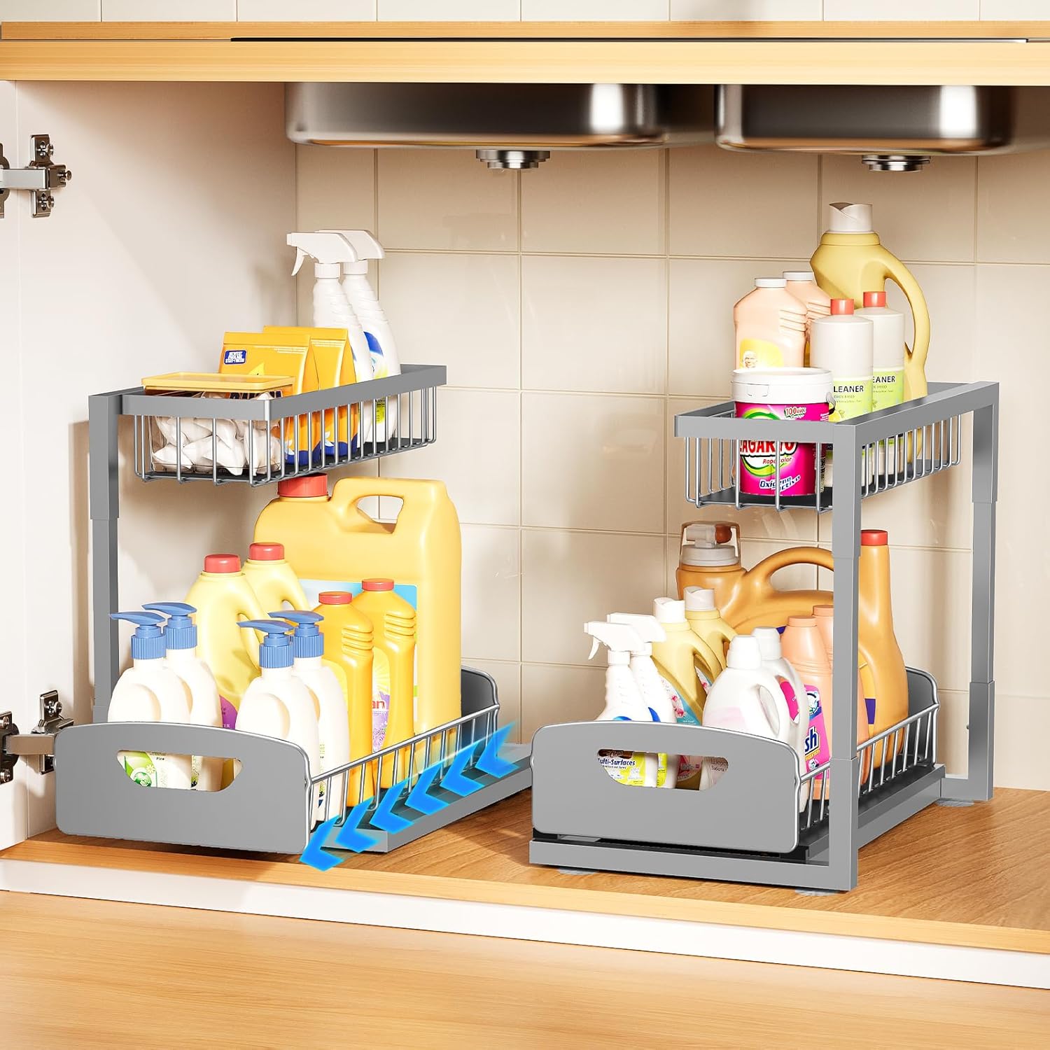 Under Sink Organizer 2 Pack,Metal Pull Out Cabinet Organizer Shelf,Kitchen Bathroom Organizers and Storage with Sliding Drawer,Storage Shelves,Storage and organization for Home,Laundry,RV,Pantry,Spice Light Grey 2 Pack