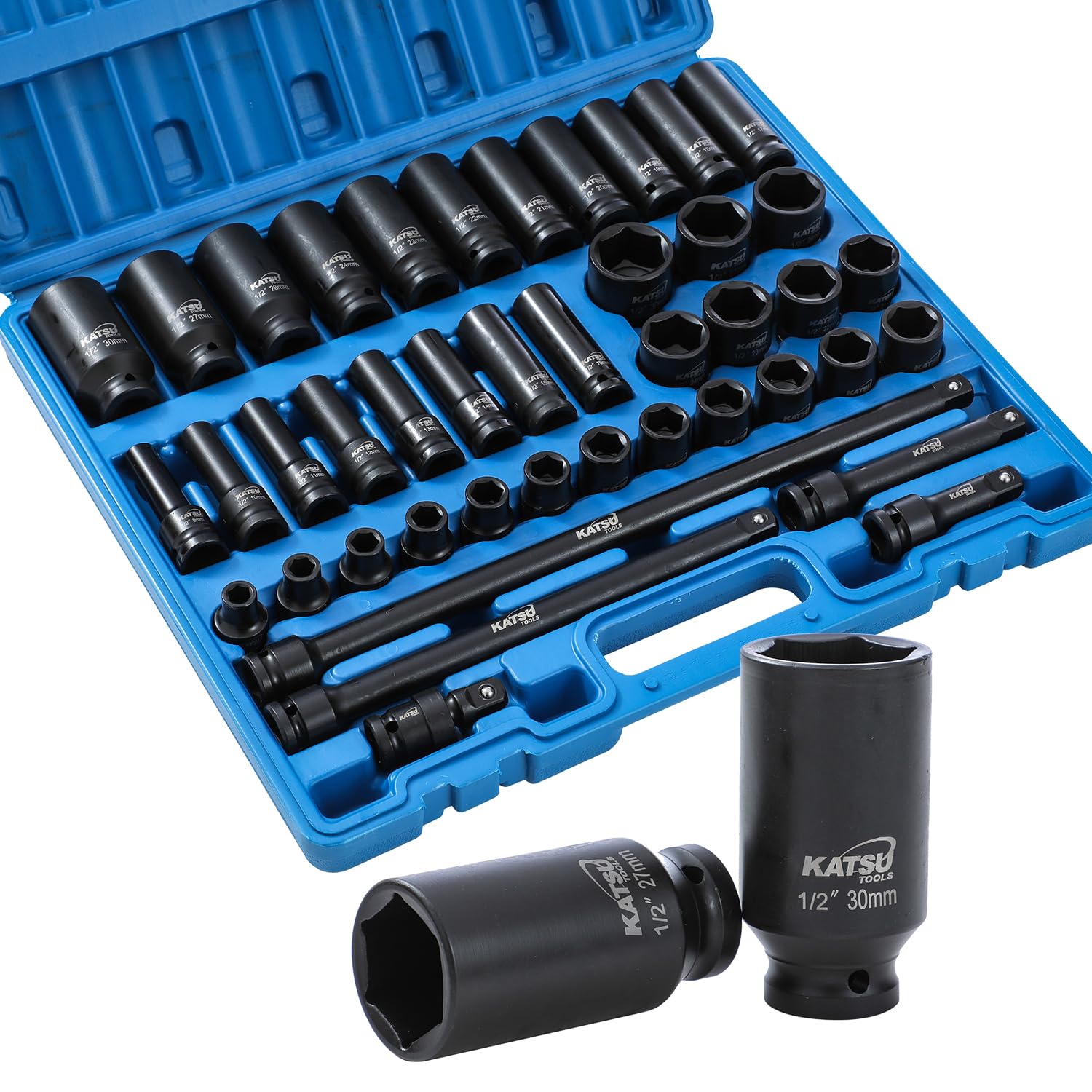 KATSU Tools Zestaw 43 szt. wytrzymałych nasadek udarowych 1/5.1 cm Napęd 6-punktowy 9-30 mm metryczny standardowy/głęboki zestaw nasadek udarowych, stal stopowa chromowo-wanadowa, narzędzie