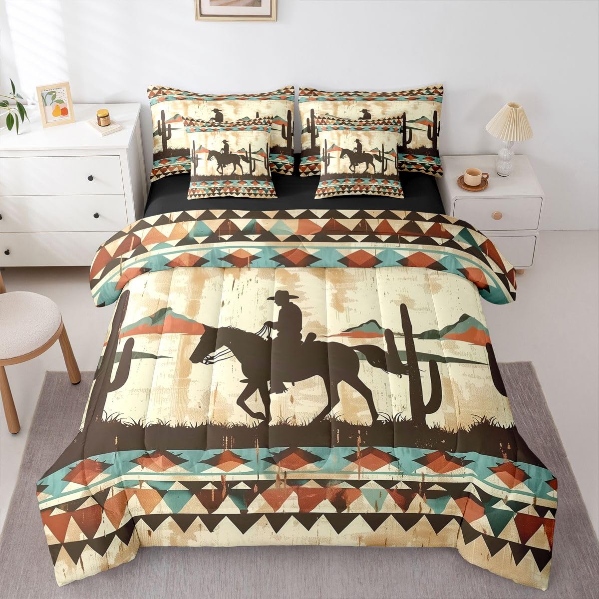 Feelyou Cowboy Silhouette Comforter Set with Sheets 7 Piece Full Western Desert Cactus Bedding Set Southwestern Geometric Bed in a Bag Tribal Pattern Room Decor Vintage Western Soft Lightweight