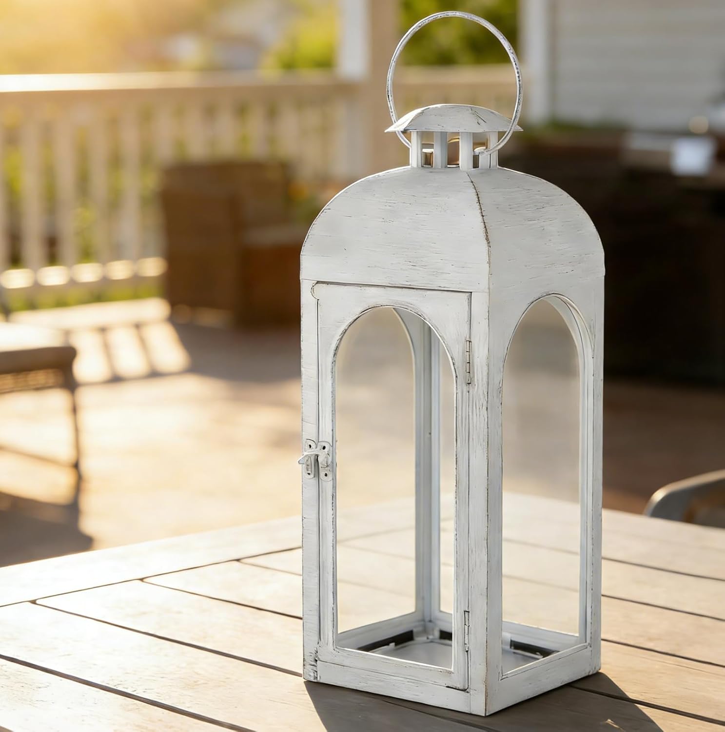 Decorative Candle Lantern 16Inches Outdoor Metal Lantern Hanging Candle Lantern for Indoor Outdoor Home Decor Patio Christmas Decorations, Greyish White