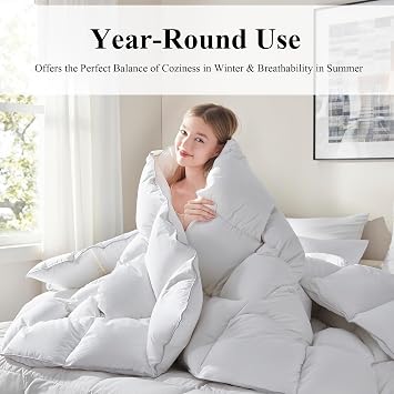 Ubauba Goose Feather Down Fiber Comforter Queen Size - All Season White Fluffy Duvet Insert - 750+ Fill Power Luxurious Hotel Bedding Comforter - Soft 100% Cotton Cover, Medium Warmth (90x90 Inch)