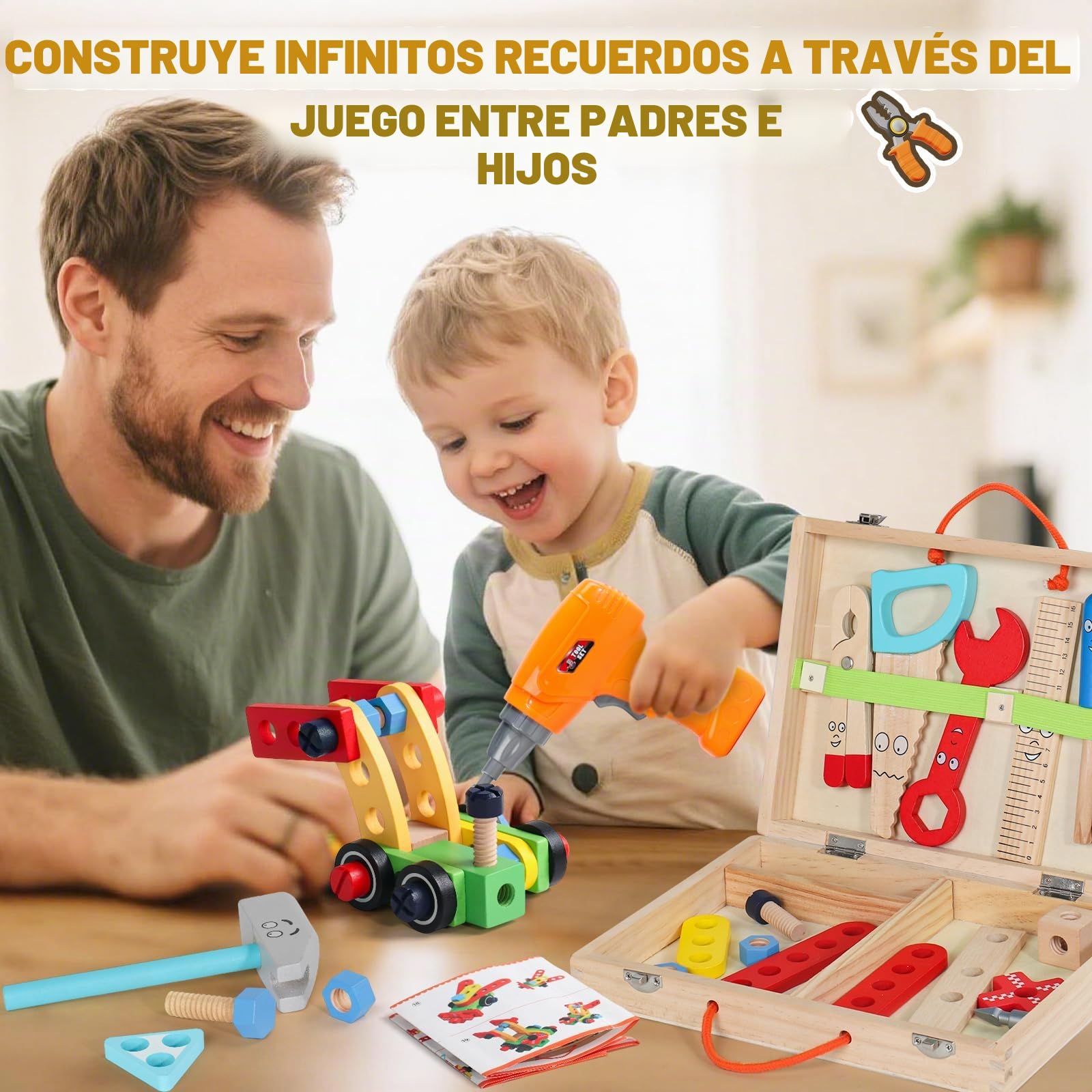 Juguetes Niños 3 Años Regalo Niño Niña 3 4 Años, Madera Caja Herramientas Juguete con Taladro Eléctrico, Juguetes Montessori Juegos Educativos Niños Niñas 3 4 Años (44 Piezas)