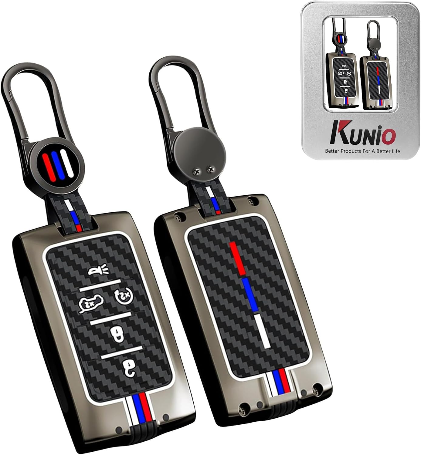 KUNIO for Jeep Carbon Fiber Car Key Fob Cover Case Fit for Jeep Grand Wagoneer 2025 Wagoneer Grand Cherokee 2026 Grand Cherokee L Keychain Luminous Effect Key Holder Accessories 5 Button A Black