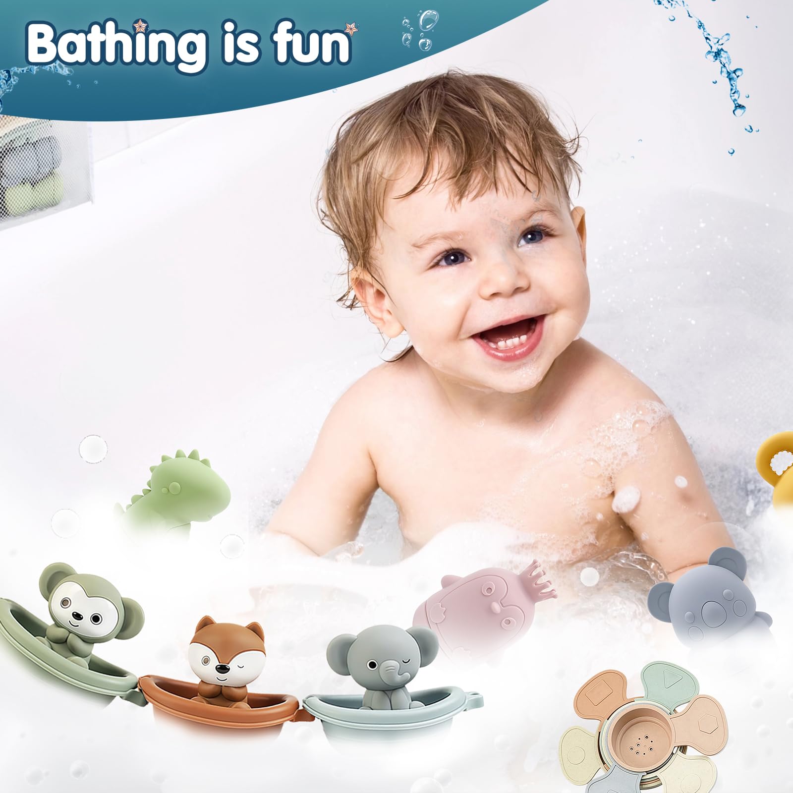 Jouet Bain Bébé, Lot de 16 Jouets de Bain Aspergeurs en Silicone, Jeux de Bain Bebe Animaux, Jouets pour Plage ou Plein Air, Jouets Empilables Enfant Jeux Educatif 1 2 3 Ans, Idéal Cadeaux pour Bébé