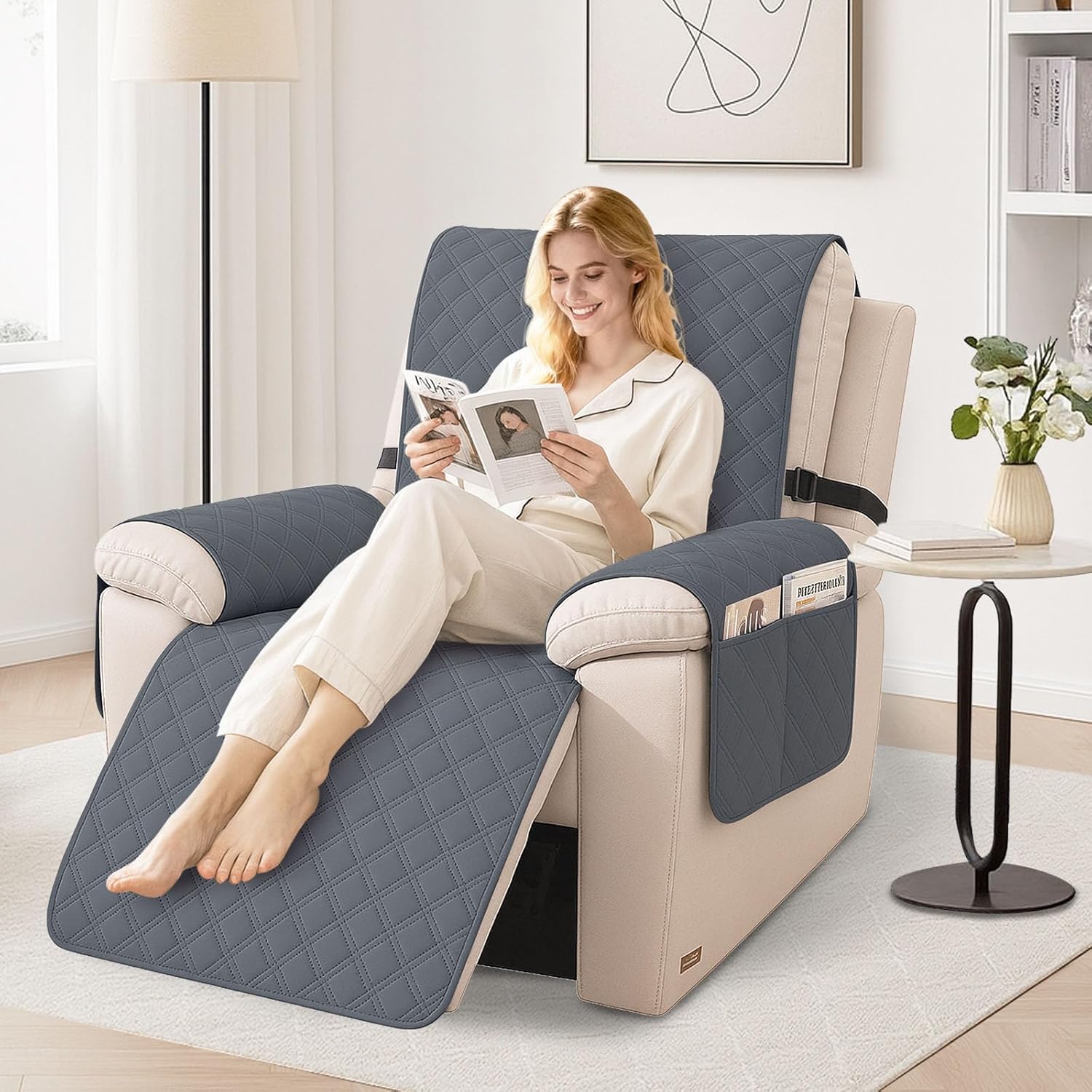 Waterproof Recliner Chair Covers, Recliner Covers that Stay in Place, Electric Recliner Cover, Recliner Covers Washable with Pocket, Elastic Straps for Kids, Pets, Dogs (Dark Gray, 25")