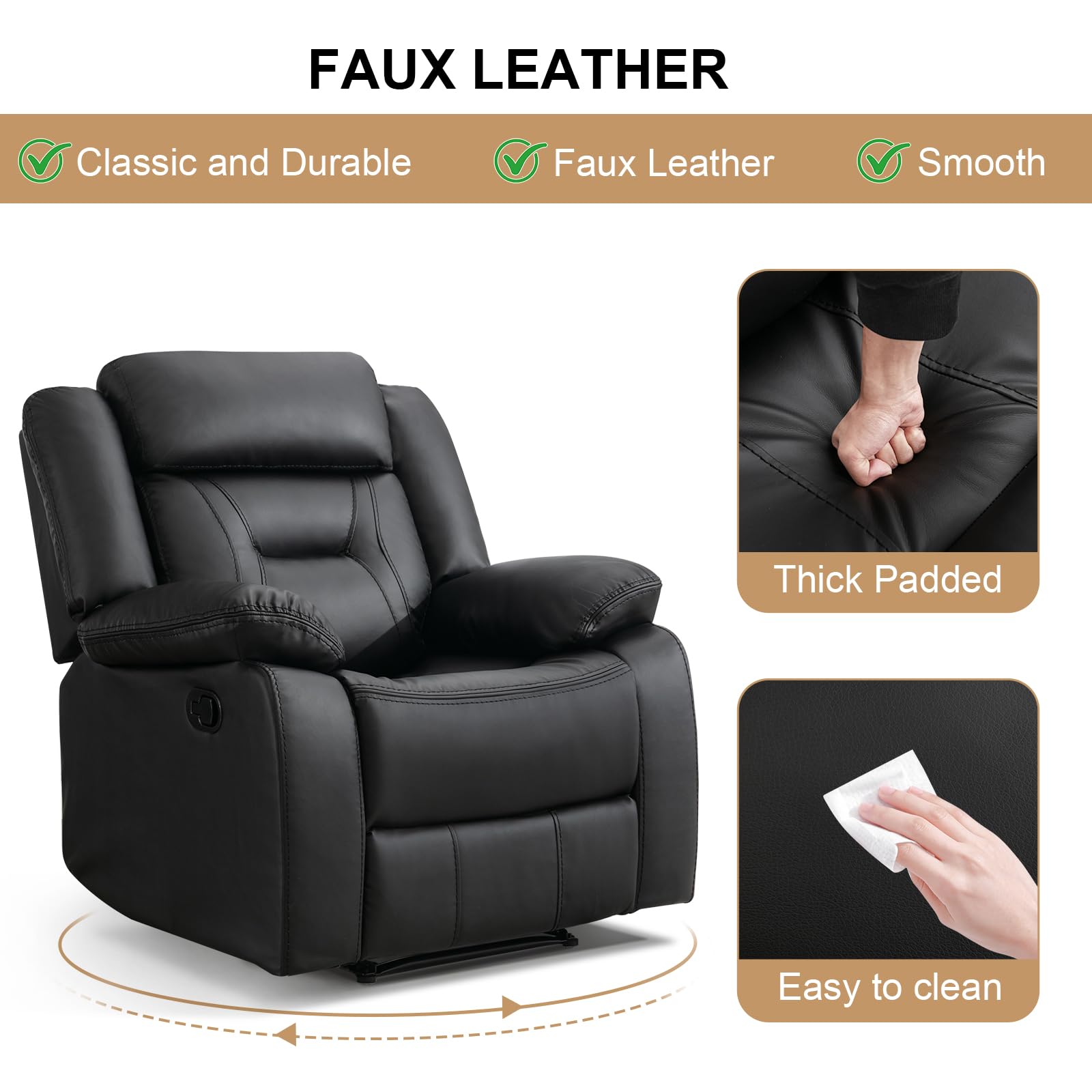 EBELLO Faux Leather Manual Recliner Chair, Modern Design Single Reclining Sofa Chair with Comfortable Armrest and Backrest, Furniture for Living Room, Bedroom, Black view 4