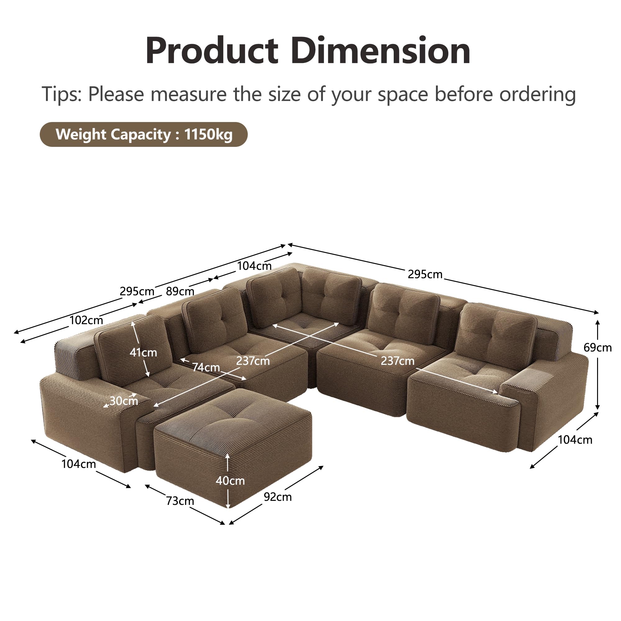 Modulares Ecksofa aus Cord, Rahmenloses Sofa mit Höhere Rückenlehne, Tiefsitzer Wohnlandschaft, Frei Kombinierbares Sofa, Kein Aufbau Erforderlich Braun 5-Sitzer