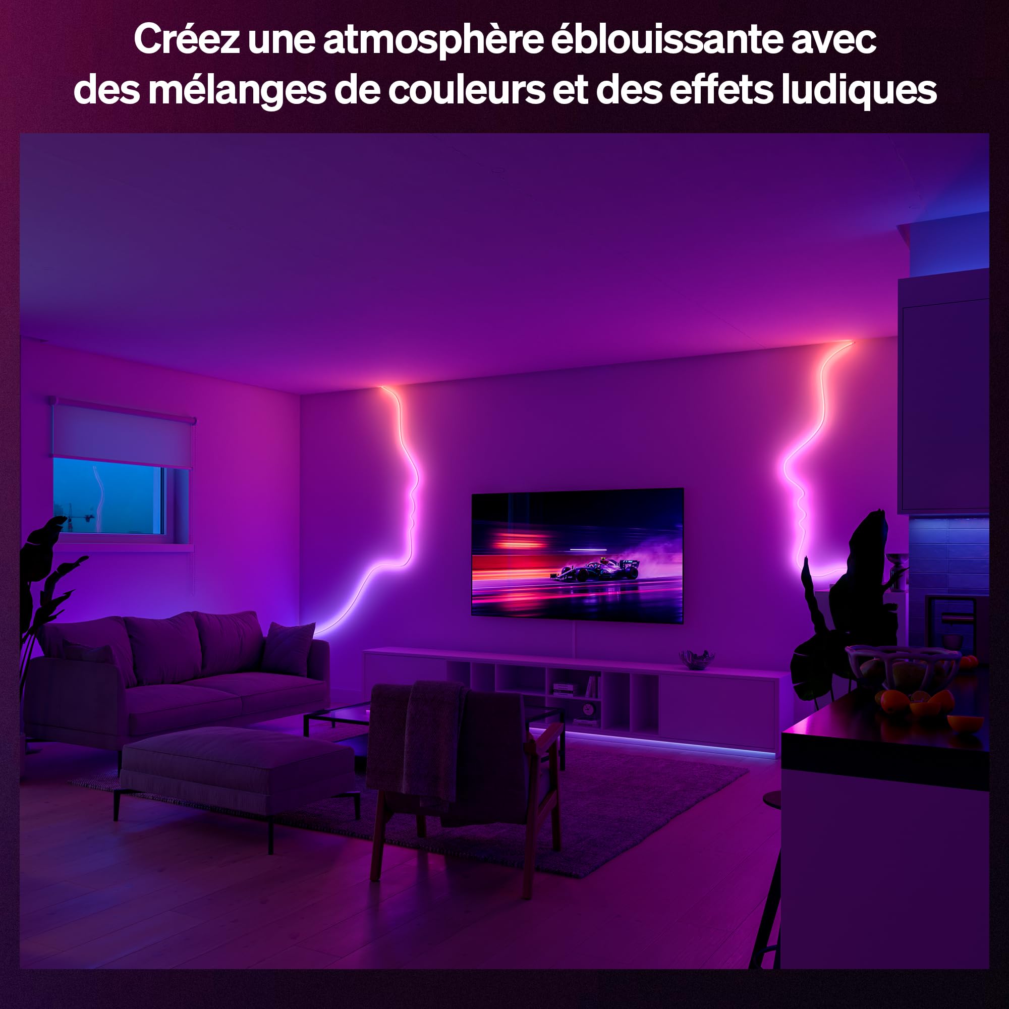Hue Essential Ruban LED Flex 10 Mètres, RGBIC, Ambiance Vive, Éclairage Intérieur, Installation Facile, Contrôle Via Application et Commande Vocale, Compatible Alexa, Google Assistant et Apple Home