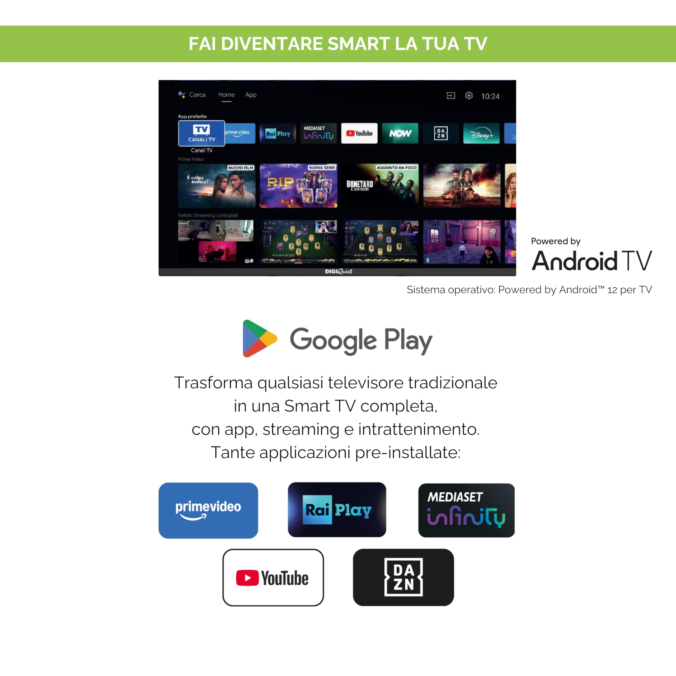 DIGIQUEST AX3_tivùsat | Decodificador Combo 4K tivùsat con triple sintonizador DVB-T2, DVB-S2 HEVC Main 10 (10 bits), Powered by Android TV | Control por voz | Google Cast | Smartcard tivùsat incluida