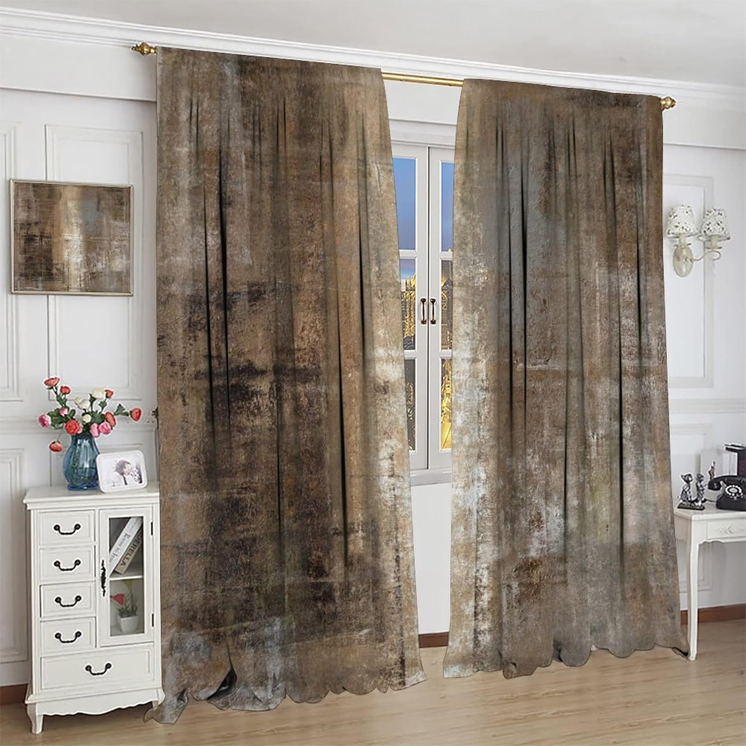 Rustic Curtains Tan Brown Abstract Wood Blackout Print Rod Pocket Window Drapes for Bedroom Living Room 42x45in