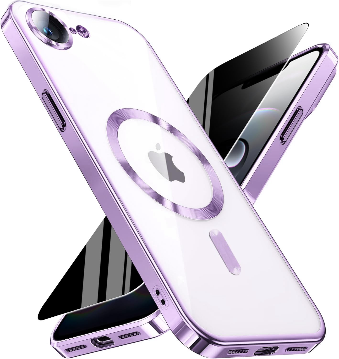 Magnetic for iPhone 17e/16e Case with Privacy Screen Protector &amp; Full Camera Cover,[Non-Yellowing] Plating Glossy Soft Shockproof Clear Phone Case with MagSafe Women Girls for 16 e/17e,Light purple