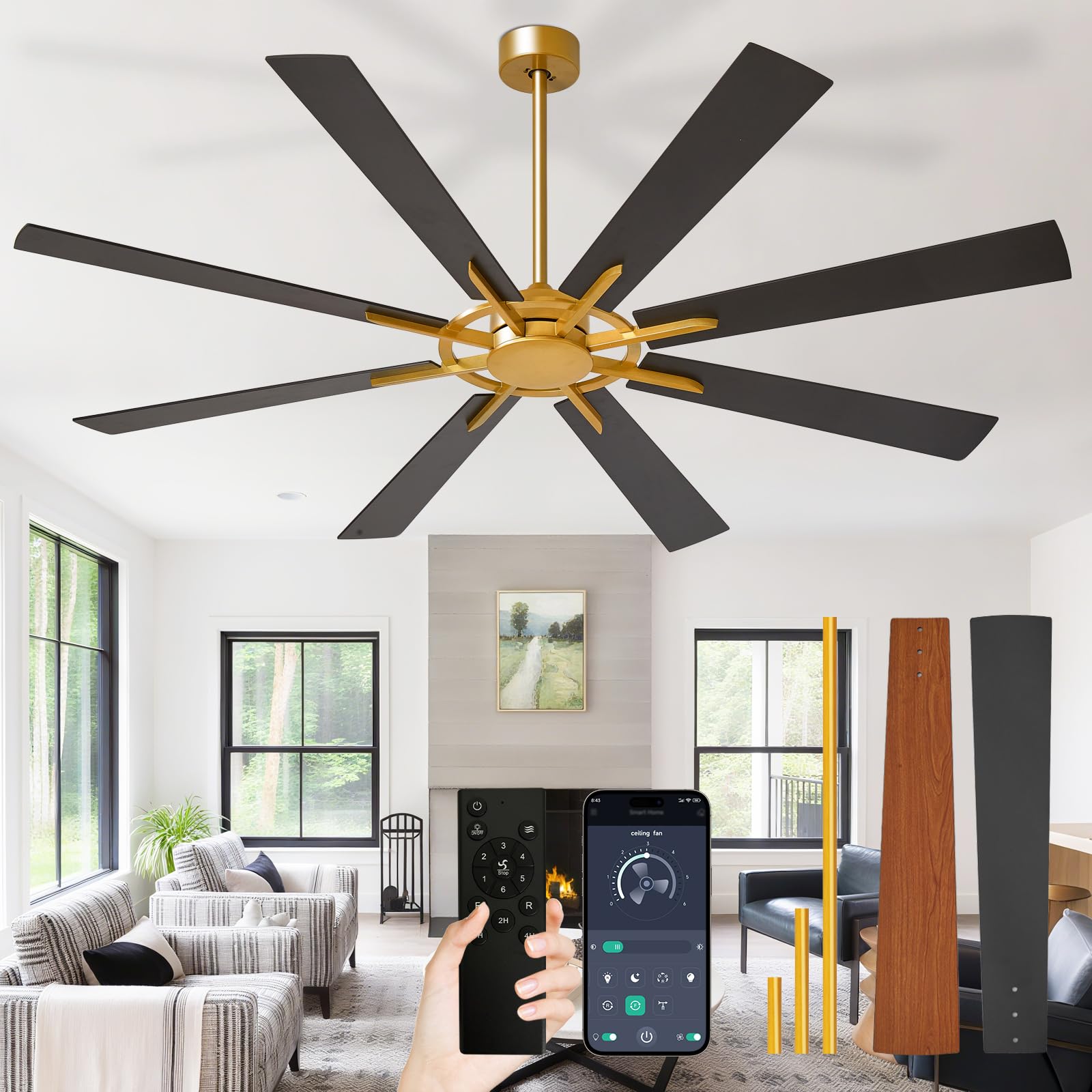 Depuley Ceiling Fan Without Light: 72 Inch Big Indoor Outdoor Fan with Remote APP Control - Bronze Black Large Ceiling Fan no Light 8 Blade Reversible Quiet DC Motor Memory Function Timer