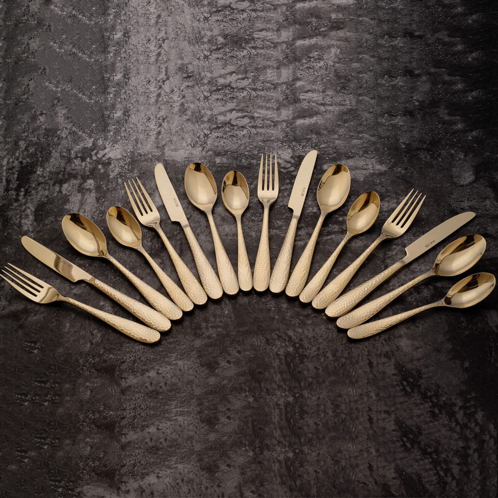 AKIS - Cubertería para 4 personas, 16 piezas, acero inoxidable, color dorado, con cuchillo, tenedor, cuchara, cubiertos de acero inoxidable de alta calidad, aptos para lavavajillas