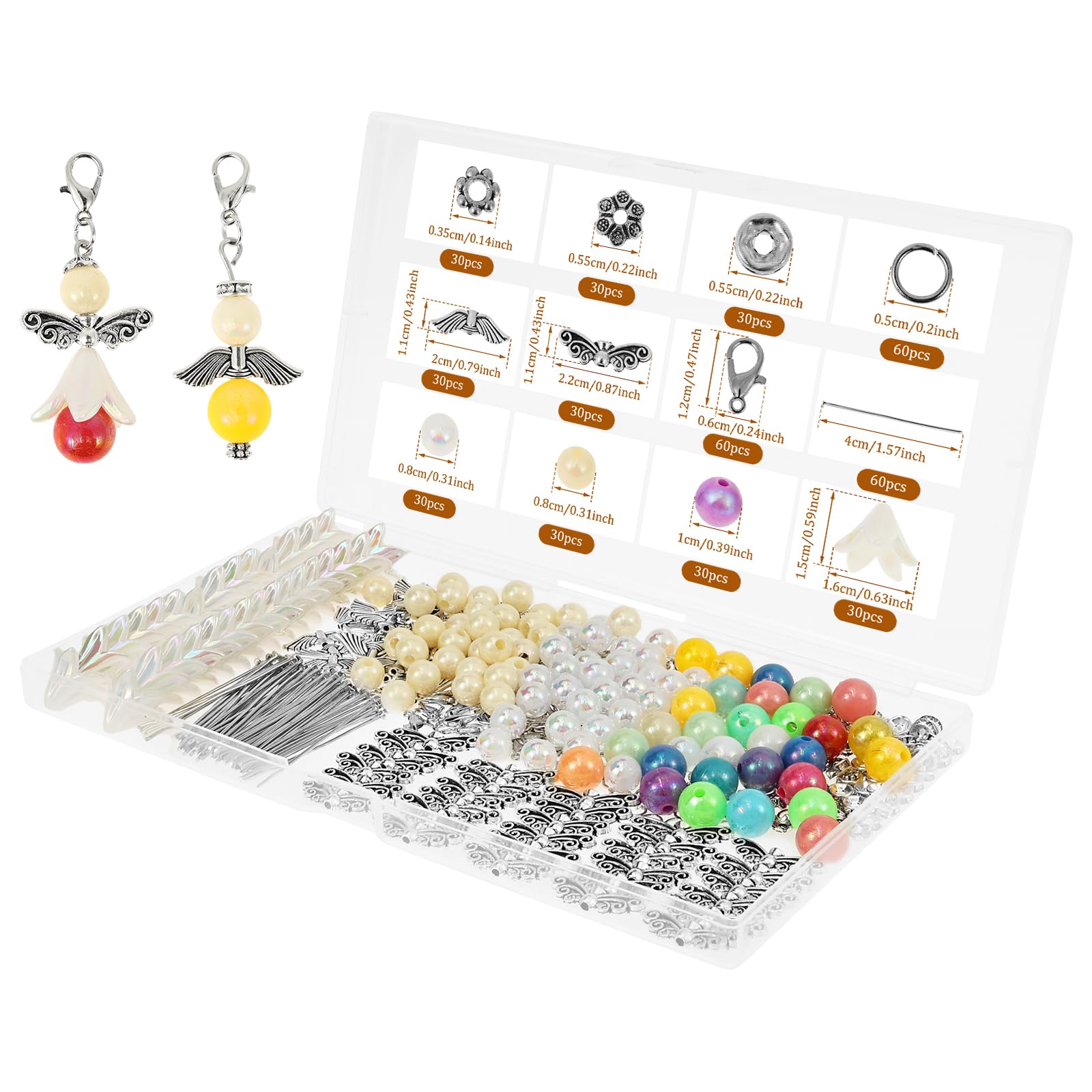 Yuekuntj Colorful 60Pcs Pearl Angel Diy Lucky Keyring Make Your Own Guardian Keychain Angel Charm Pendants Wing Guardian Angels Keyring Making Kit Beaded Angels Pendants For Diy Favour Craft