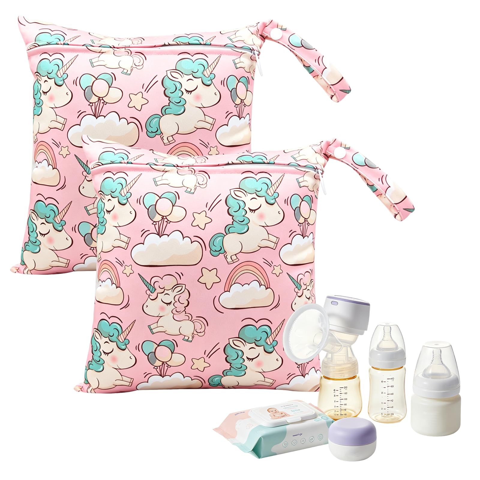 Cosiesnest 2 Packs Cartoon Print Wet Dry Bags | Waterproof Reusable Nappy & Swim Bag | Travel Laundry Bag,Single Zipper Pouch for Swimming, Beach, Nursery & Travel (12x11 inch) (B-Rainbow Horse)
