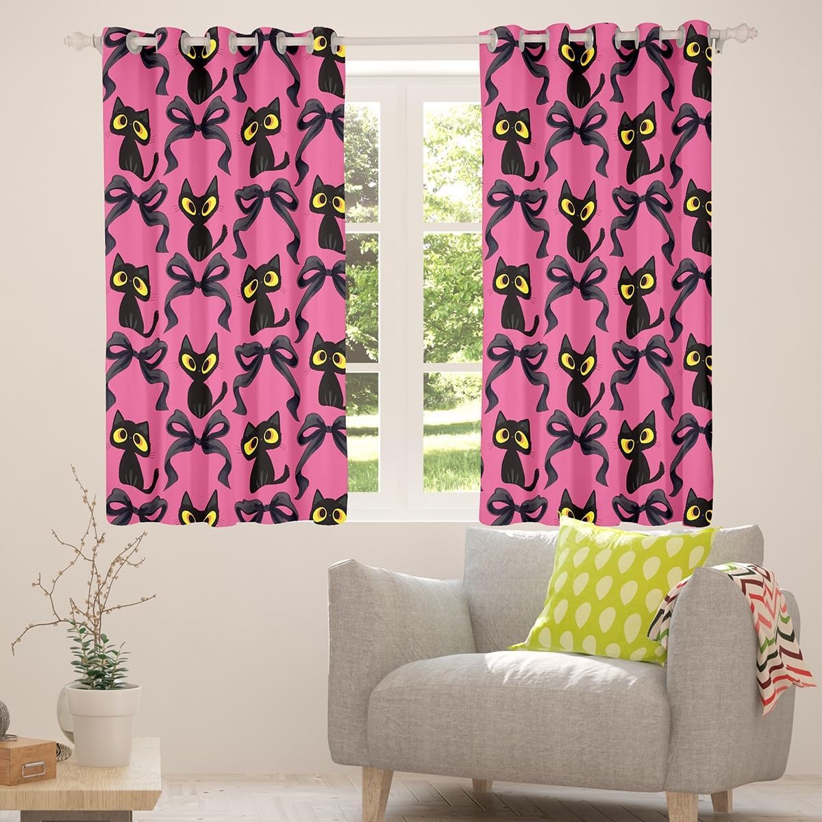 Manfei Black Cat Window Curtain Set of 2 Panels,Cartoon Bowknot Princess Bow-tie Kawaii Rose Pink Curtain,Cute Kitten Pet Animal Window Drapes for Kids Boys Room Decor,52Wx63L Inches