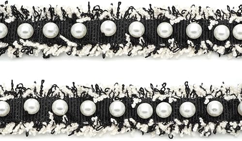 CRAFTMEMORE Cinta de borde de encaje con cuentas de perlas, perlas de imitación en tela de tweed, apliques bordados, manualidades de costura de