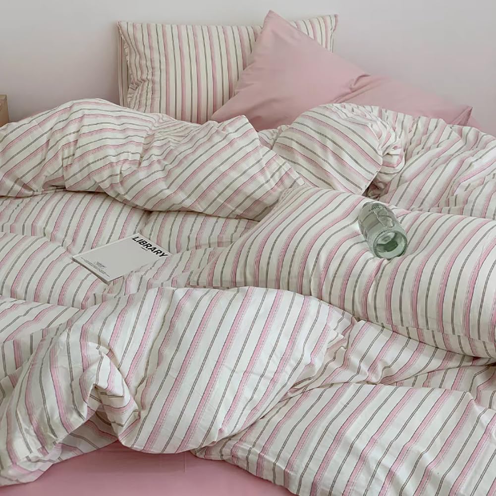 Michorinee Pink Striped Duvet Cover Double 3pcs Modern Microfiber Pink and White Stripes Bedding Set Quilt Cover 200x200 with Zipper Closure and 2 Pillow Cases 50x75 cm — image 1