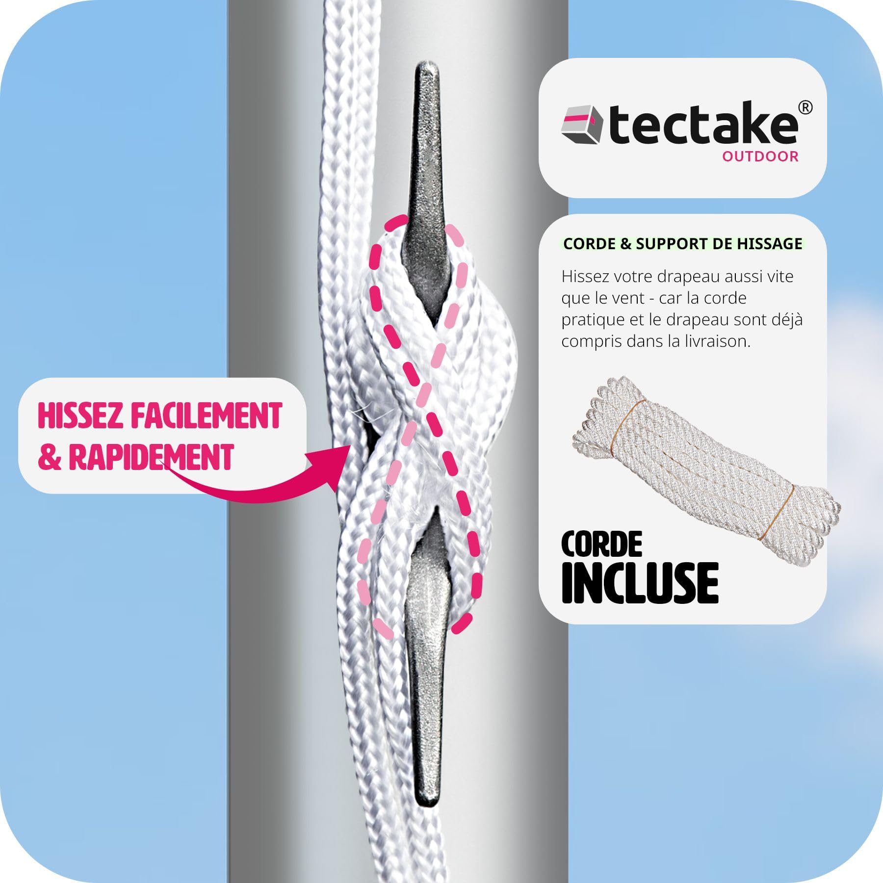 tectake® Mat de Drapeau Téléscopique en Aluminium Hauteur Réglable max. 625 cm avec Drapeau, Douille au Sol et Corde pour Évènements sportifs Football Rugby - 16 Pays au choix - Drapeau francais