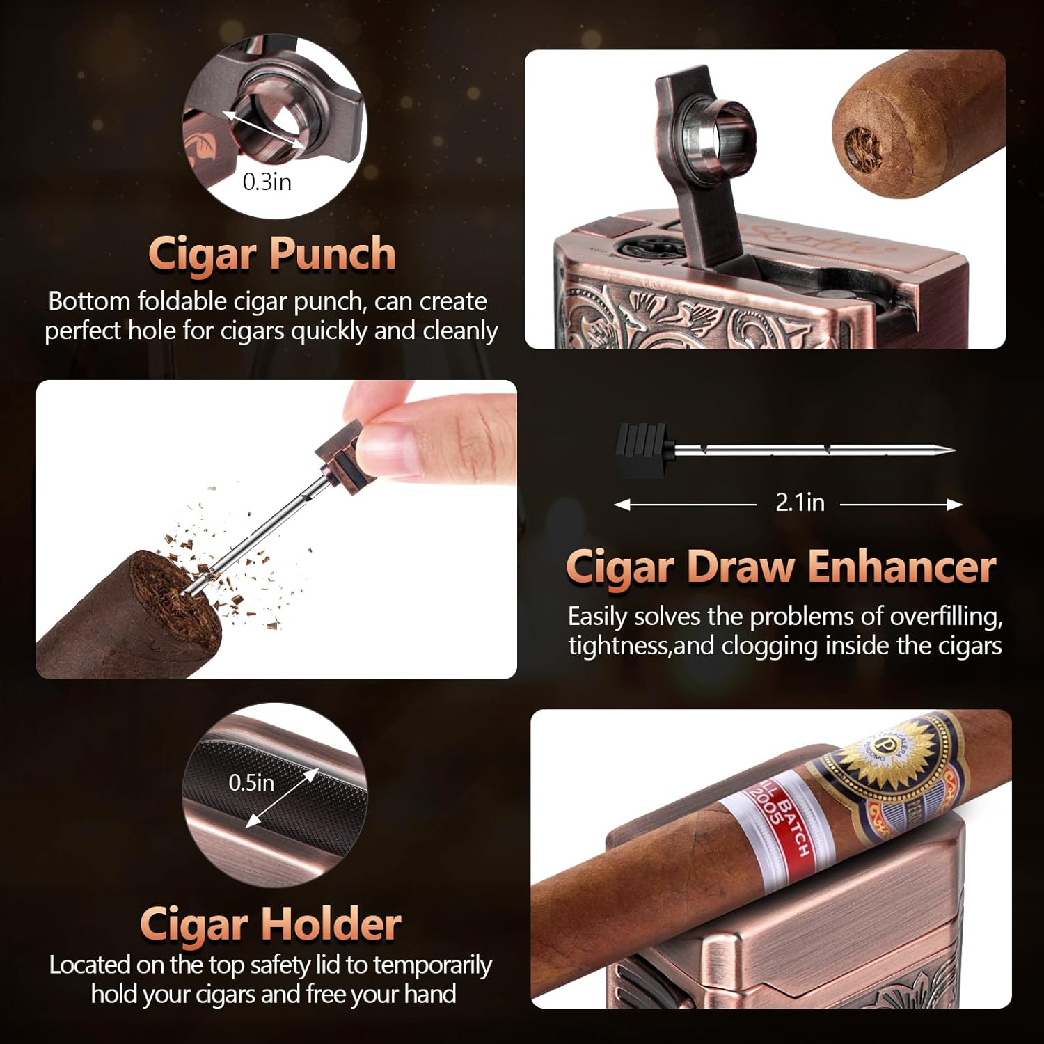 Torch Lighter, Cigar Lighter 4 Jet Flame, Refillable Butane Lighter with Cigar Cutter V Cut Cigar Punch Cigar Holder Cigar Draw Enhancer, Great Cigar Accessories Cool Lighters for Smoking in Gift Box