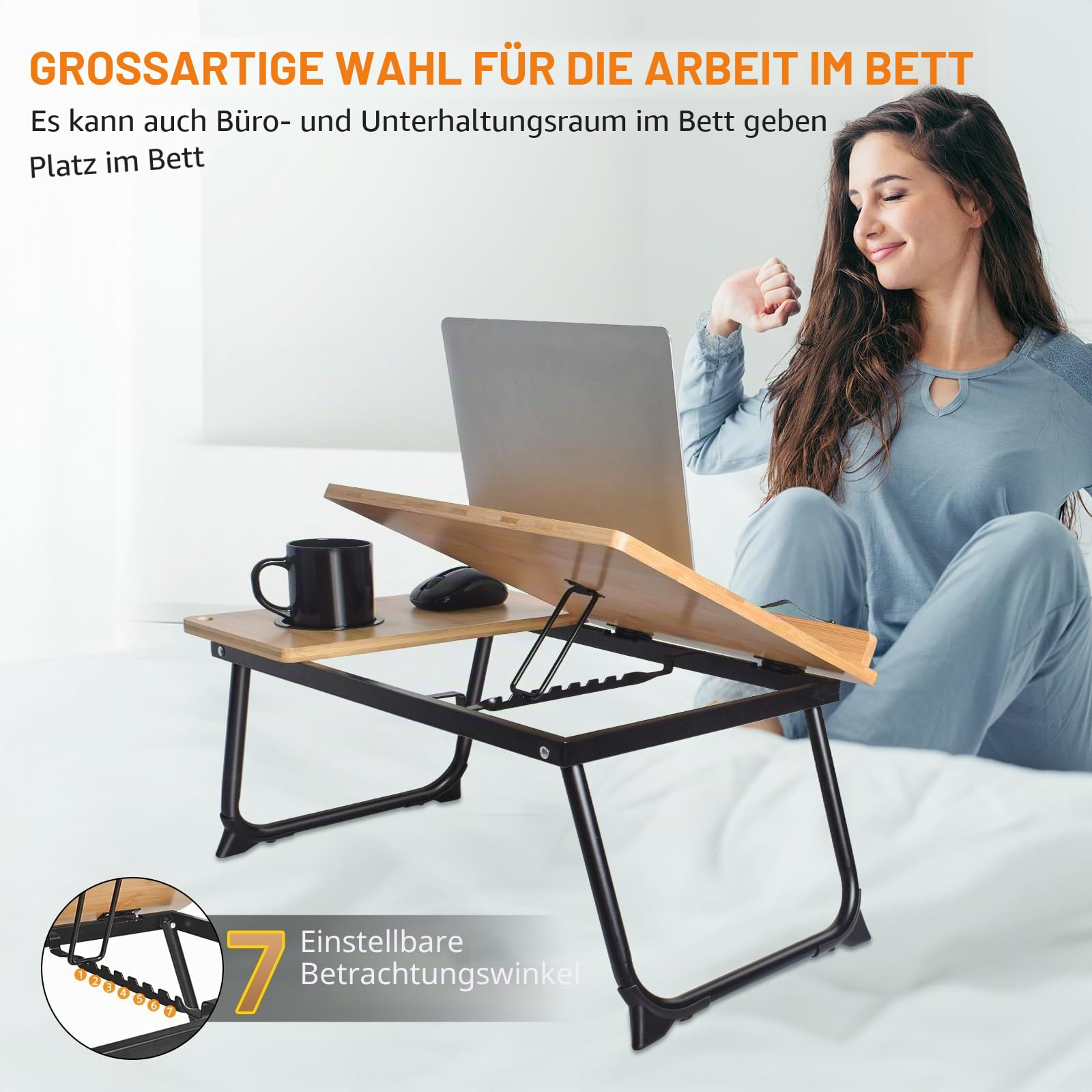 Wishacc Verstellbarer Bambus-Laptop- und Kochbuchständer für Lesen im Bett, Büroklammern, mehrere Winkel