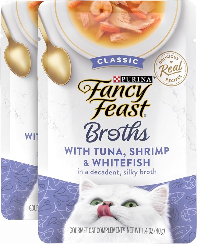 Caldo complementar para gatos Fancy Feast com atum, camarão e peixe branco, sachês de 40 g — Pacote com 32