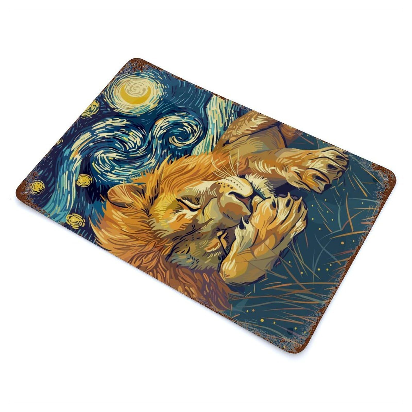 Lion Sleeping Under Starry Night Sky Retro Metal Sign 11.8"x7.9", Vintage Wall Decor for Garage, Pub Or Kitchen