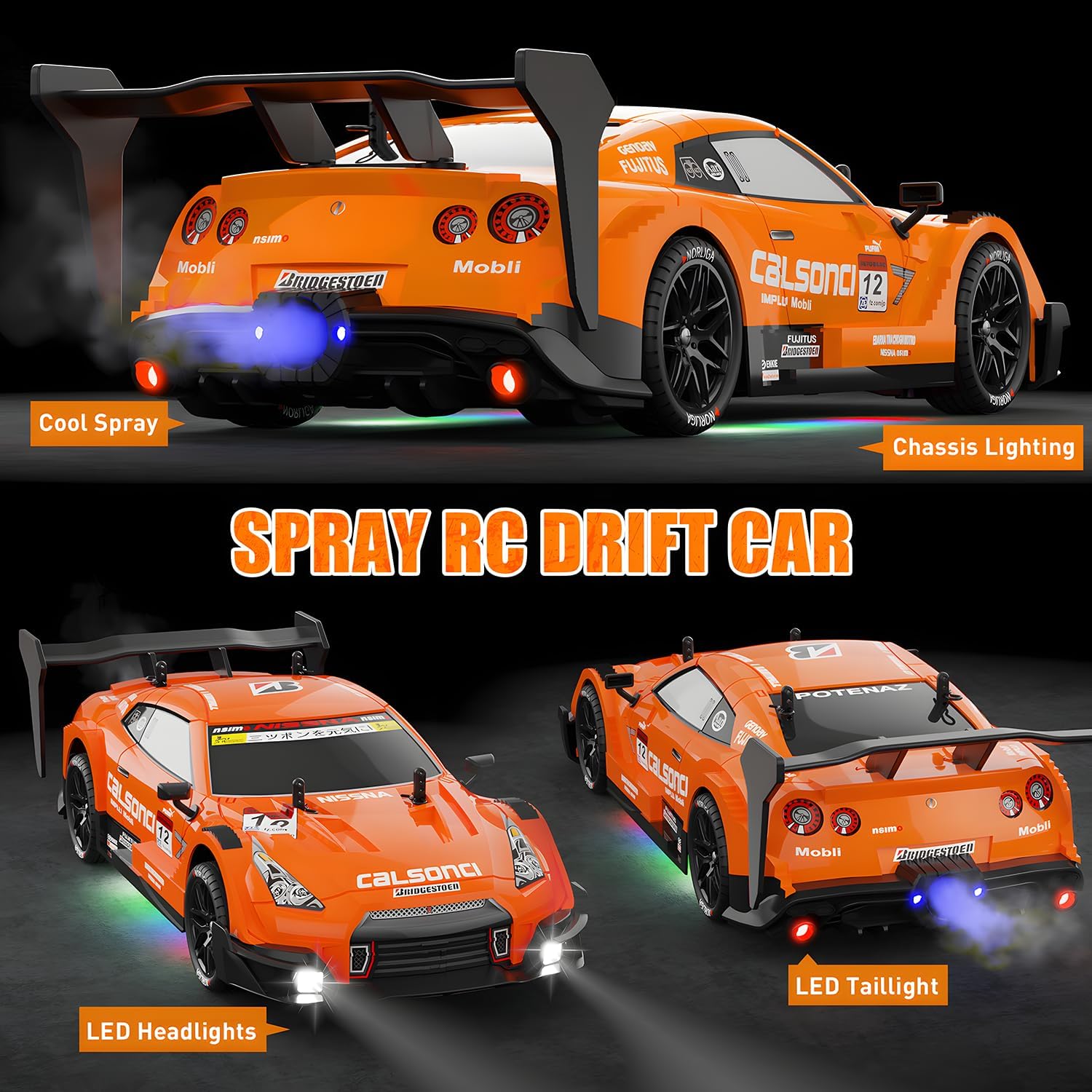 1:16 Spray RC Drift Car for Kids 4WD 2.4GHz 40KM/H High Speed Remote Control Car with LED Lights Drifting Tires & 2 Batteries, Racing Sport Toy for Boys Girls (Orange)