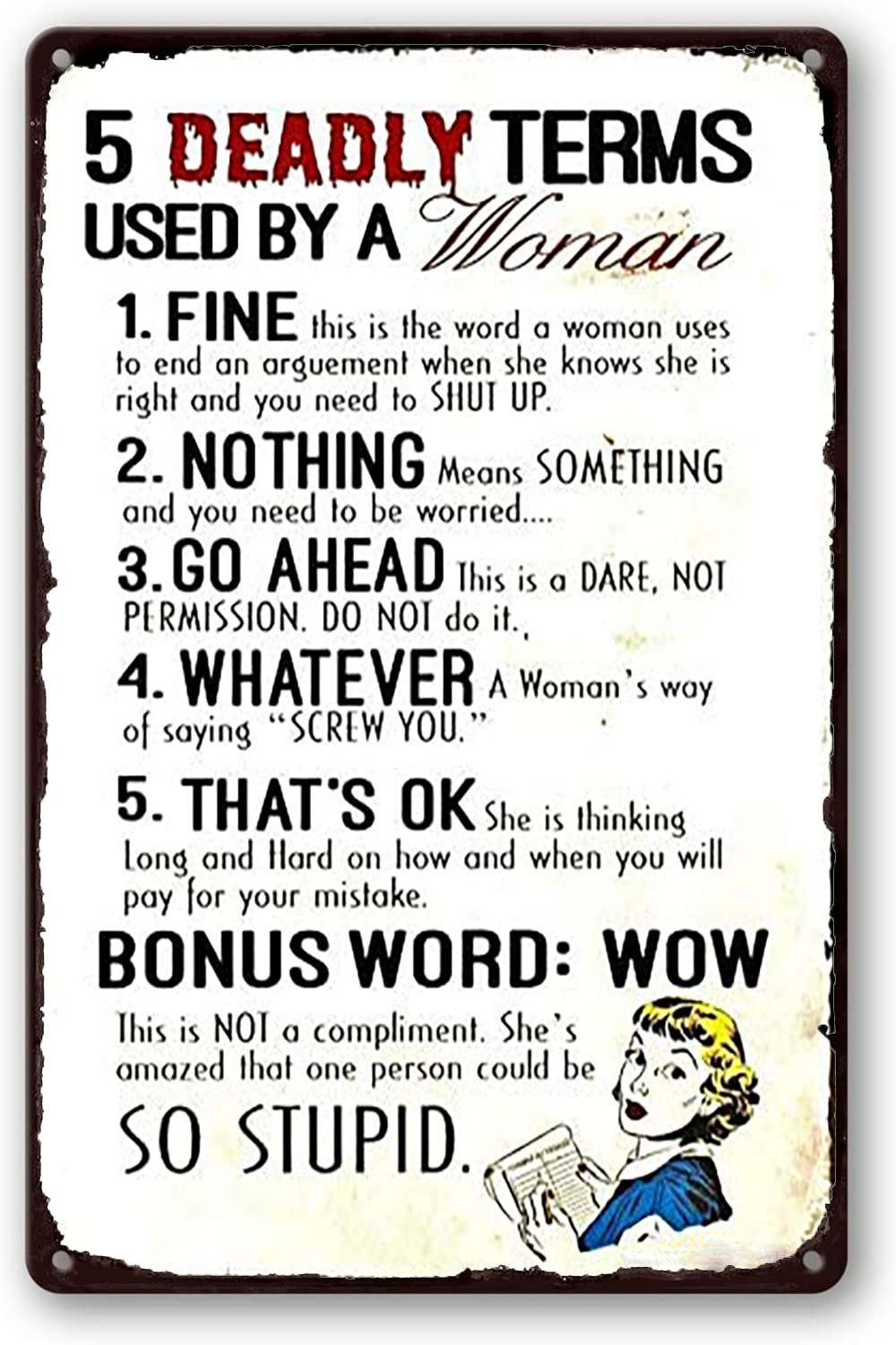 5 Deadly Terms Used By A Woman Tin Sign Vintage Style Tin Sign Home Kitchen Restaurant Cafe Art Metal Sign Retro Gift Sign 8x12 Inch