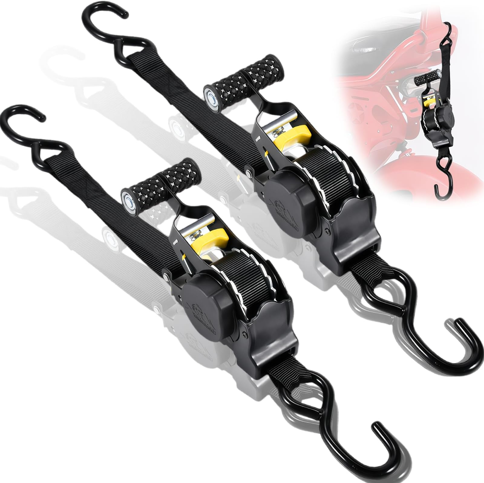Retractable Ratchet Tie Down Straps, 680kg Max Break Strength, 2.5cm x 3.3m Autoretractable Tie Downs with Padded Handles & S Hooks, Ratchet Straps Heavy Duty for Boat, Trailer, Securing Cargo