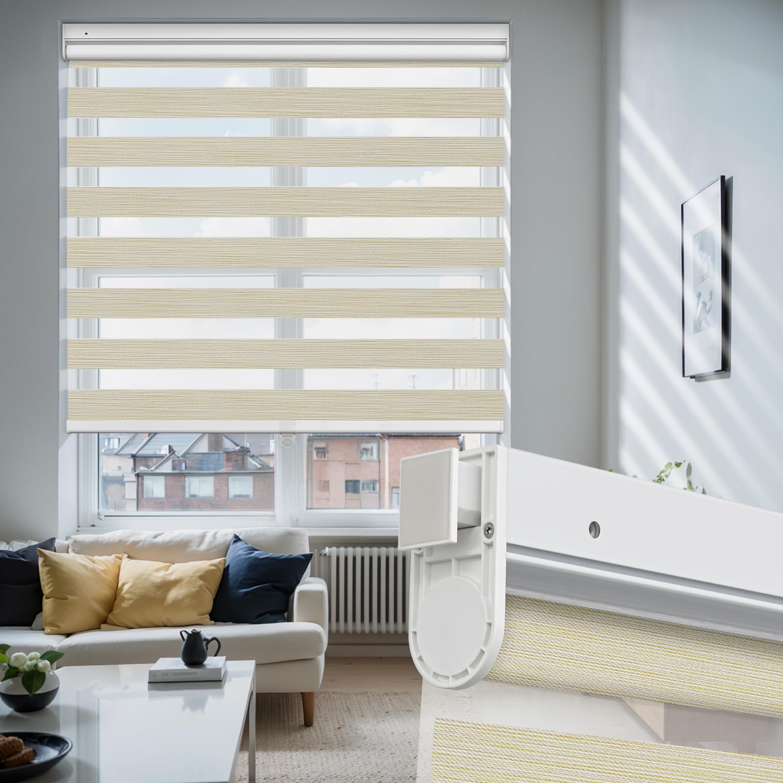 Moonice Cordless Zebra Roller Blinds No Drill No Tools Zebra Shades Dual Layer Day and Night Blinds Light Control Window Shades for Home Bedroom Kitchen (Khaki, 135cm W x 163 cm H)