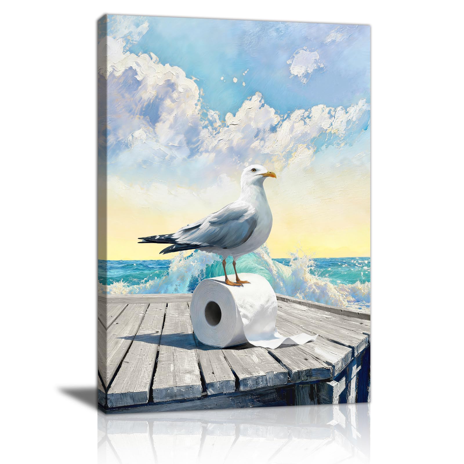 Seagulls on Toilet Paper Framed Canvas Wall Art Print Blue Seaside Landscape Wall Decor Funny Animal Canva Painting Humor Amusing Pictures for Bedroom Walls Home Decor for Bathroom Living Room 40X60cm