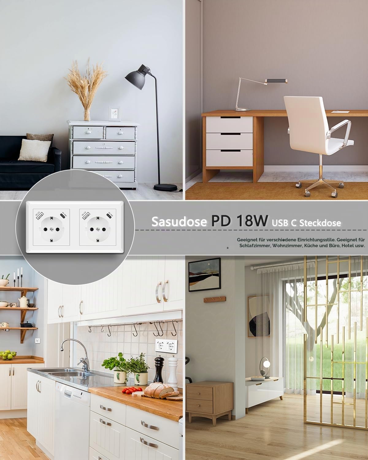 USB Steckdose, Doppelsteckdose mit USB Anschluss QC 3.0 und Typ C Port PD 18W Schnellladung System 55 Reinweiß Glänzend Wandsteckdose Passt in Standard 2-fach Unterputzdose