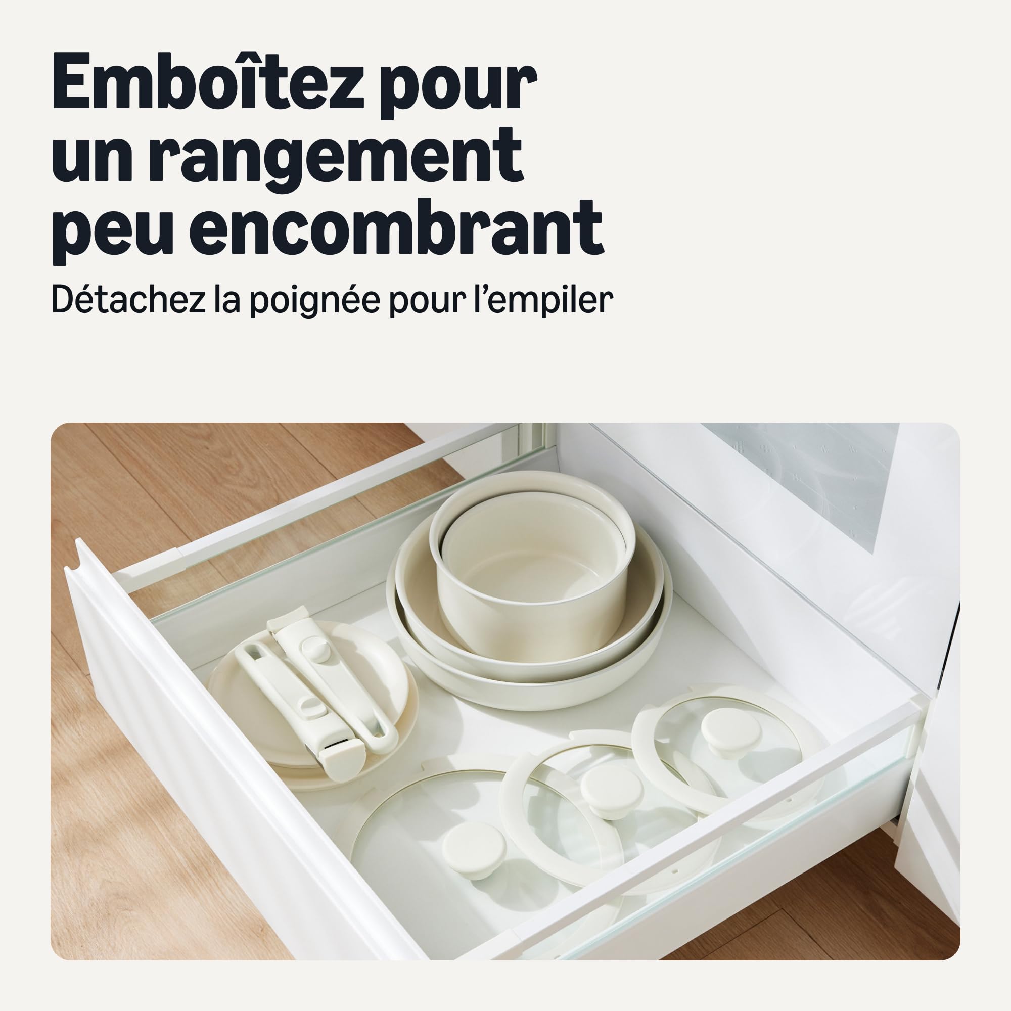 Amazon Basics Ustensiles de Cuisine Empilables Antiadhésifs en Céramique avec Poignées Amovibles, Lot de 11 Pièces, Compatible Tous Feux, Couleur Ivoire