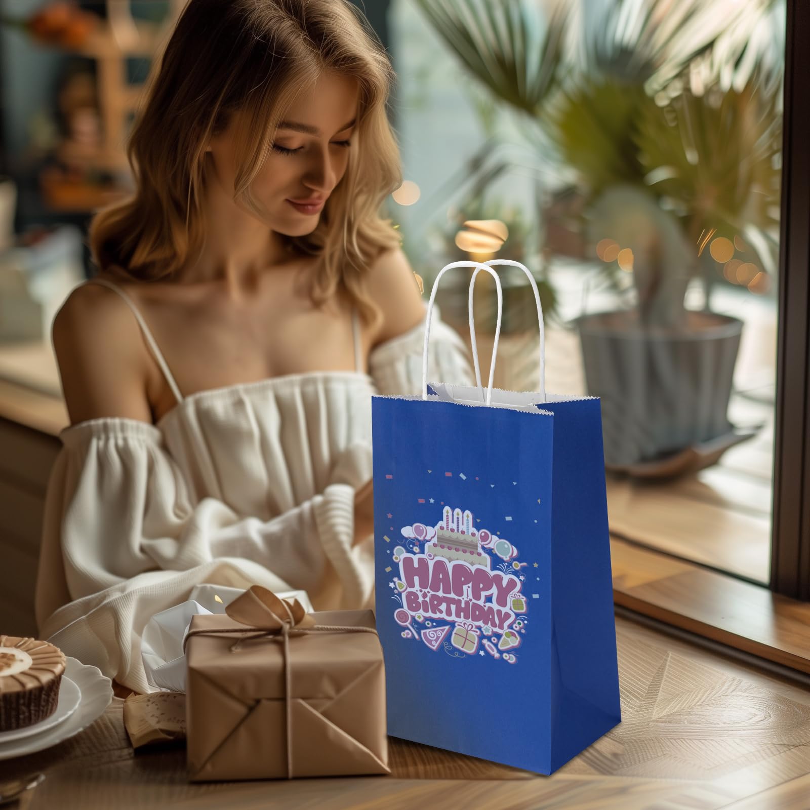 100 Pack 5.25x3.25x8.25 Inch Small Royal Blue Kraft Paper Bags with Handles Bulk, Toovip Gift Wrap Bags for Favor Grocery Retail Party Birthday Shopping Business Goody Craft Merchandise Take Out Sacks