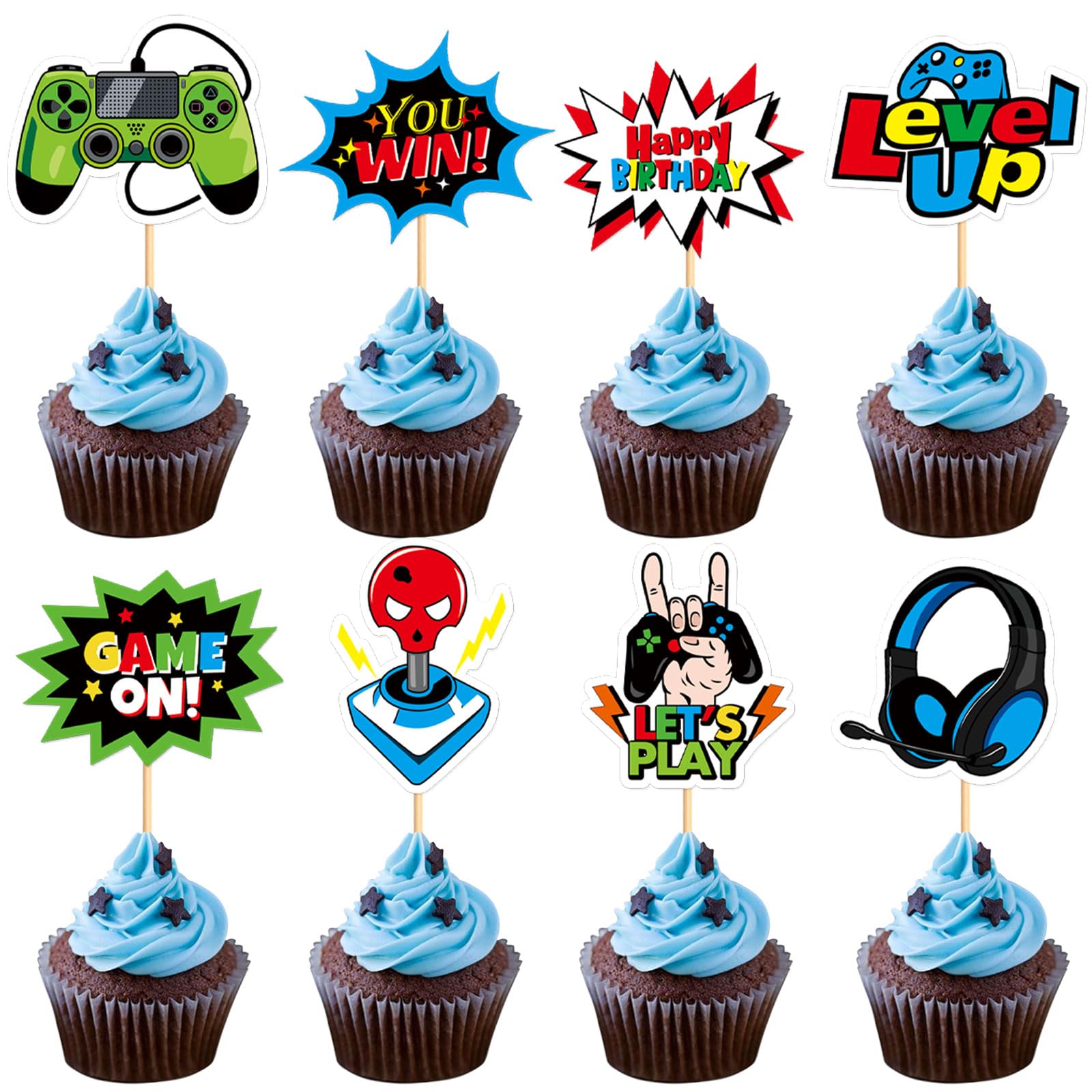 32PCS Video Game Cupcake Toppers Level Up Let's Play Game On You Win Cupcake Picks Gaming On Controllers Game Theme Baby Shower Kids Boys Girls