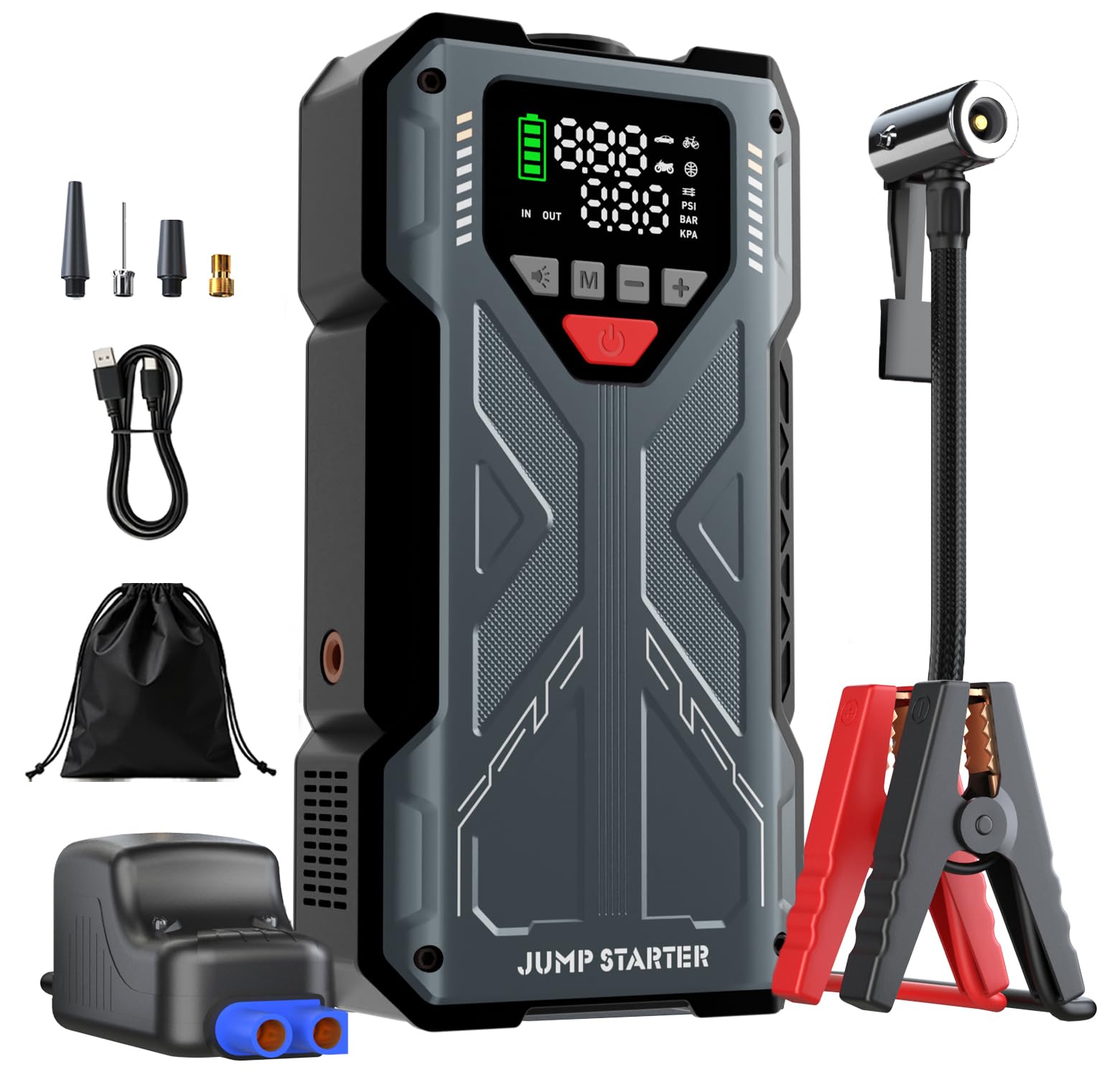 Starthilfe Powerbank 8000A für PKW, Auto Starthilfe mit Kompressor 150PSI, 12V Batterie Booster Jumpstarter für Alle Benzin/10L Diesel mit LED Display & Starterkabel, Frauen