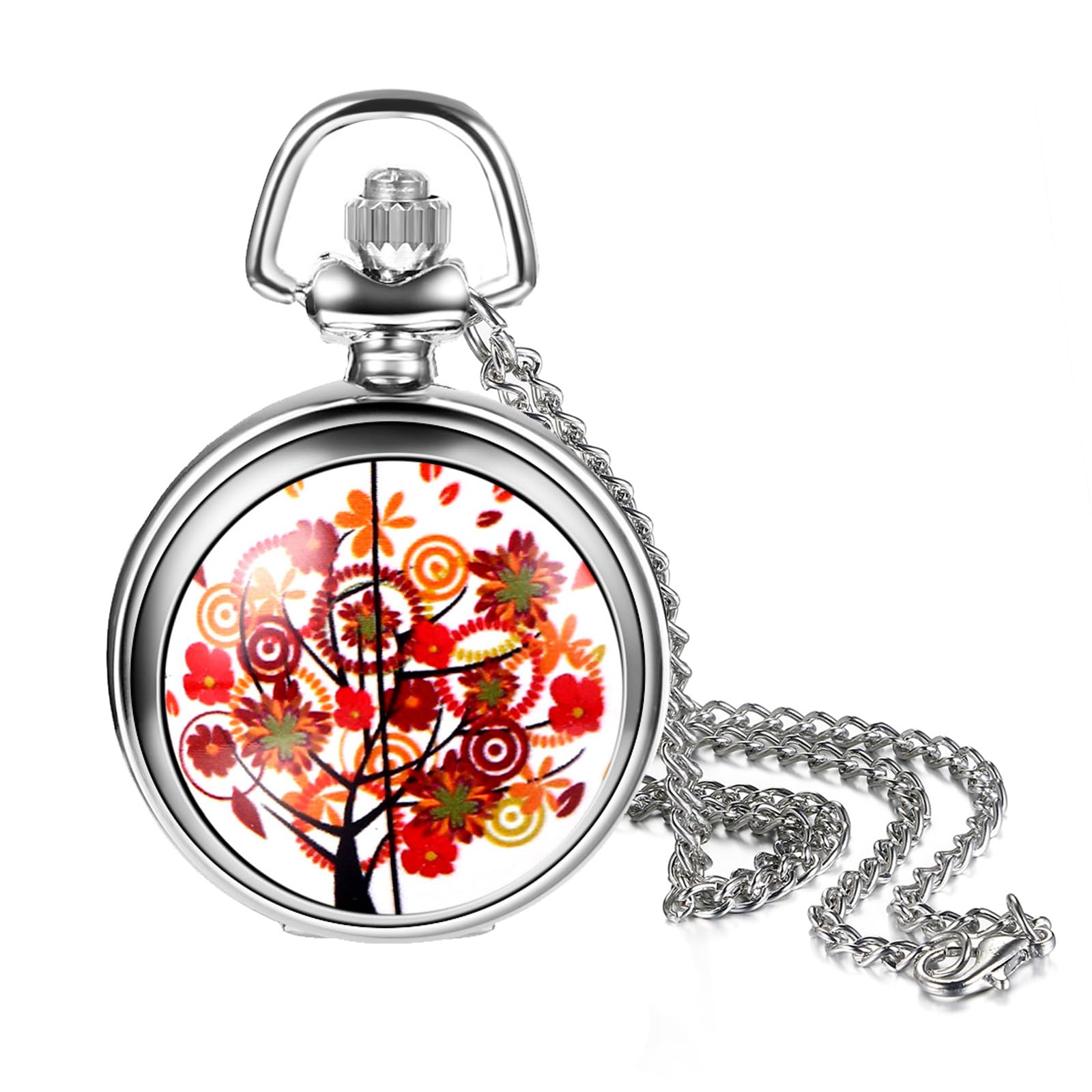 Flower Printing Pocket Watches: Colorful Flower Analog Quartz Silver Pocket Watches with Chain for Men and Women-image-24