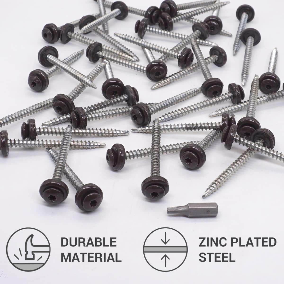 SKIR'CO (40 pcs) Metal Roofing Screws, 4.8 x 60 mm Painted Self-Drilling Screws With EPDM Washers, Torx Head (Grey Brown RAL 8019) - Image 3