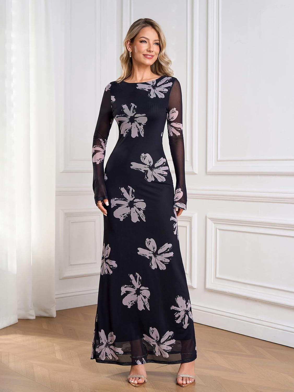 Floral Long Sleeve Mesh Bodycon Maxi Dresses Formal Wedding Guest Party Fall Dress for Women 2025 - Image 4