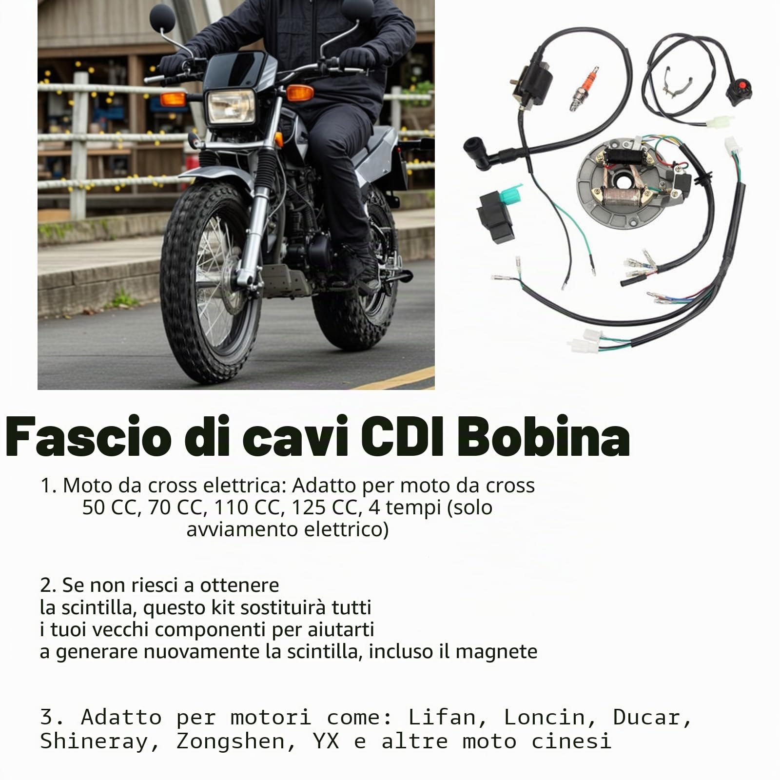 Baceyong - Kit di bobina di accensione con cablaggio elettrico, magnete e statore per risolvere guasti elettrici Compatibile con moto da cross a 4 tempi da 50 cc, 70 cc, 110 cc, 125 cc
