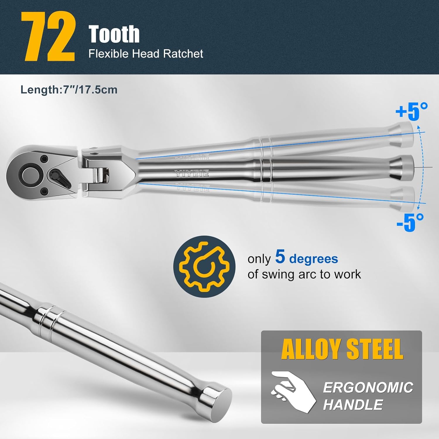 YIYEIE 1/4" Drive Flex Head Ratchet, 72 Tooth Swivel Ratchet, Quick-Release, Full-Polished Chrome Plating, for Auto Mechanic & DIYer with EVA Foam | 7 Inch Long