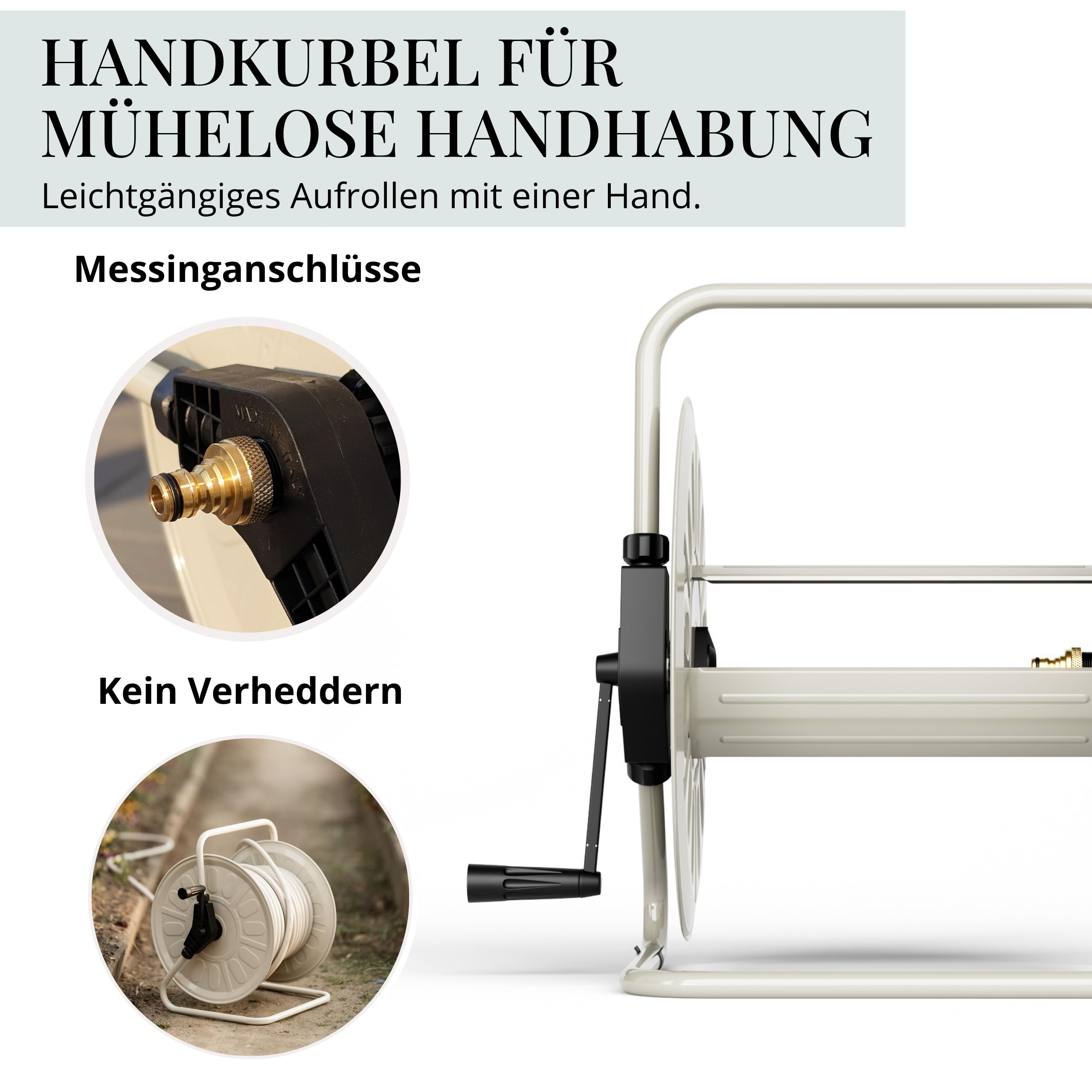 Livlig53 LIVLIG Schlauchtrommel Metall, pulverbeschichtete Gartenschlauch Trommel Made in Italy, Schlauchhalter bis zu 50m Gartenschlauch, Wandmontage & Bodenbetrieb, Greige
