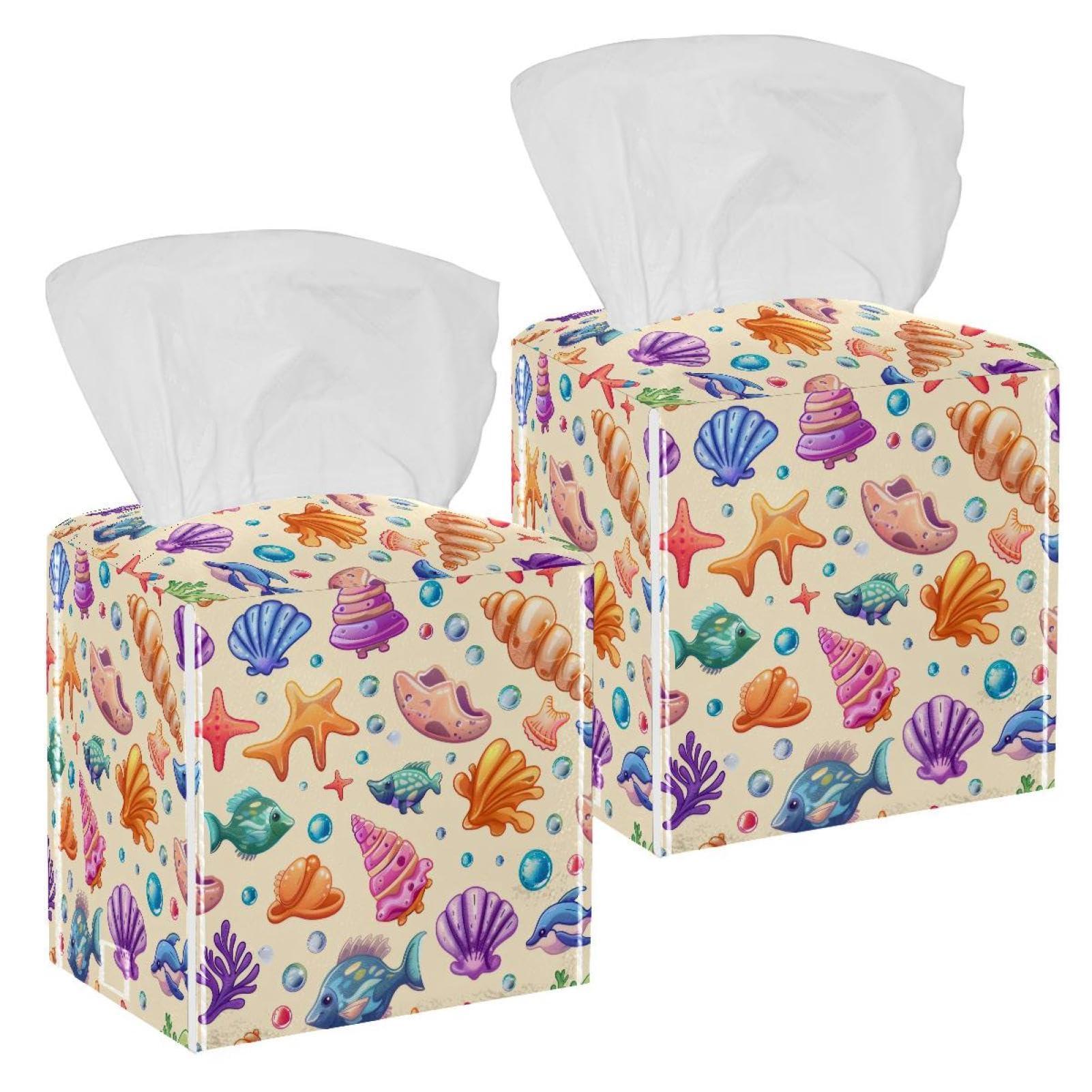 Colorful Seahell Underwater Animals Tissue Box Cover, 2 Pack PU Leather Square Facial Tissue Dispenser Box holder for Home Office Car