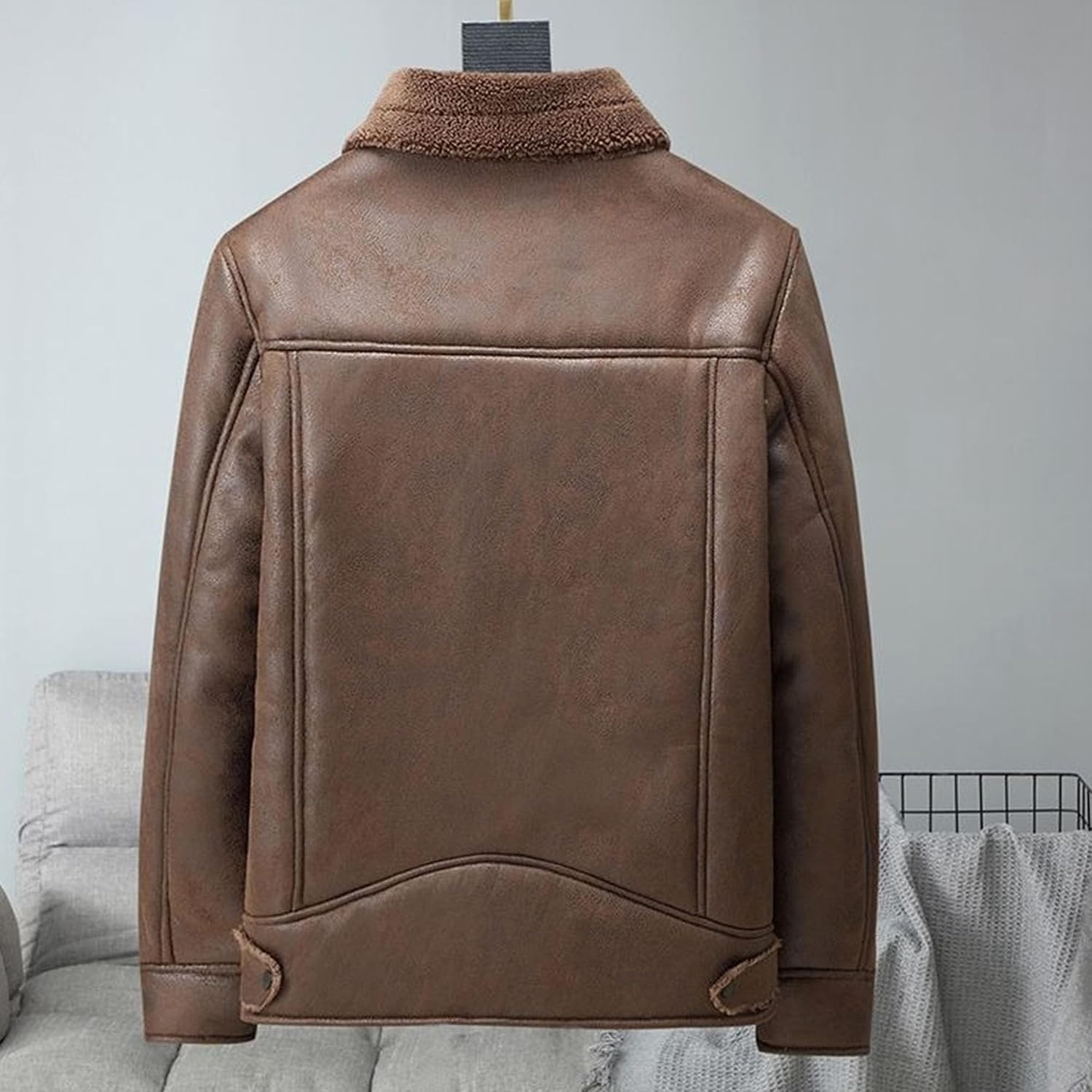 Men's Lapel Faux Leather Thickened Jacket Vintage Motorcycle Zip UP Jackets Outdoor Fleece Lined Windproof Coats